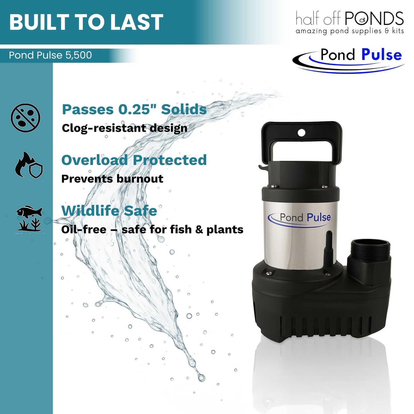 HALF OFF PONDS Pond Pulse 5,500 GPH Submersible Waterfall Pump – Hybrid Drive Pond Pump with 30' Cord – Energy Efficient, Fish Safe, 31' Max Head, for Skimmers & Large Water Features