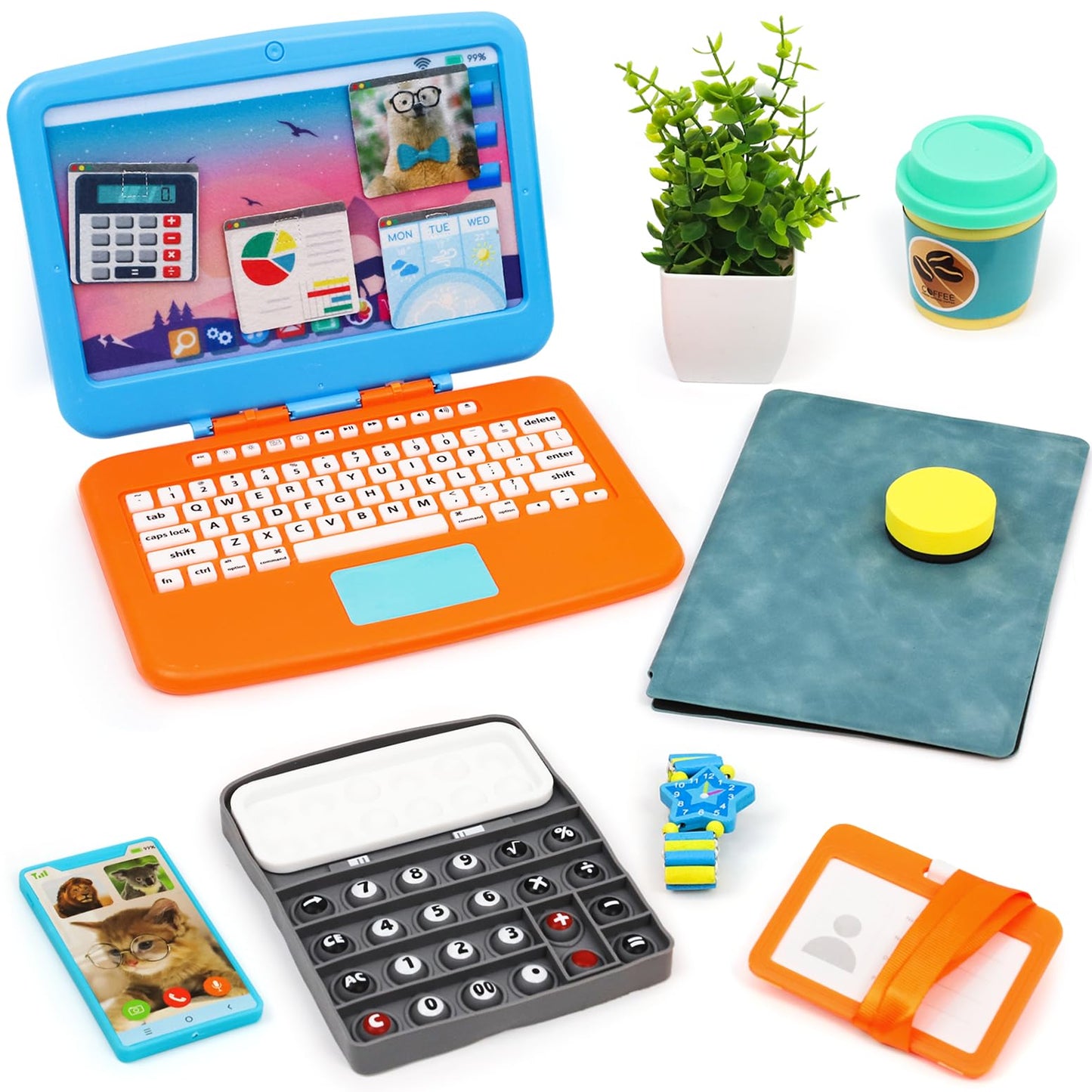XIAPIA 10 Pcs Pretend Play Home Office Toys, Pretend Play for Toddlers 3-5-7, Pretend Play Sets with Kids Laptop, Pop-Up Calculator, Notebook, Watch, Coffee & Plant, Birthday Gift for 3 4 5 6 7 Year