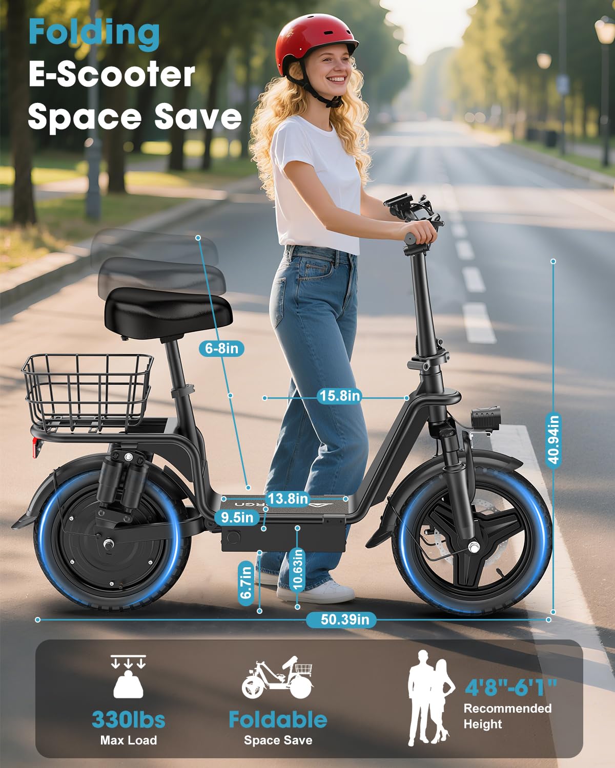 INSDRGN Peak 900W Electric Scooter for Adults with Seat, 48V 10.4Ah Li Battery, 28 Miles Range, 20MPH Commuter E-Scooter with Basket, Max 330LBS, UL2849 Certified, C14 Black