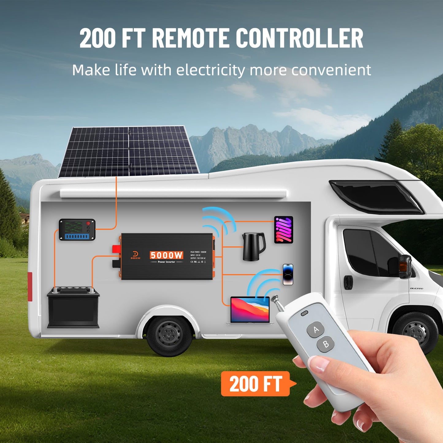 5000W Power Inverter 12V DC to 110V/120V AC Converter for RV/Truck/Boat/Camping/Off-Grid Solar Car Power Inverter Peak Power 10000W with 3 AC Outlets,USB & Type-C Port, Remote Controller & LCD Screen