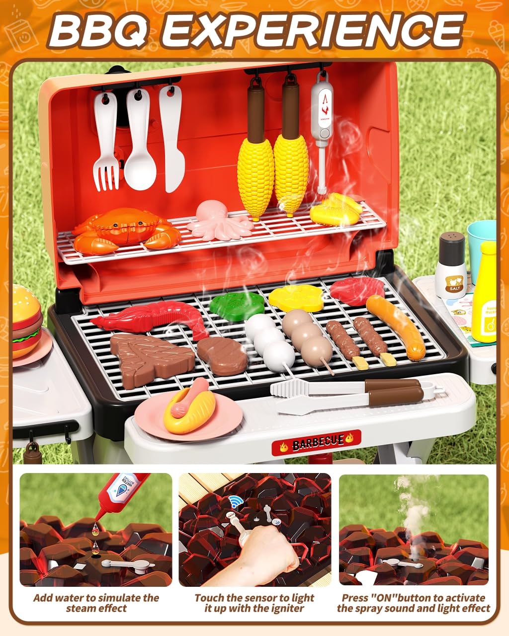 STACTCUTE Kids BBQ Grill Playset with Realistic Steam, Sound & Lights - 60Pcs Pretend Play Kitchen Food Toy for Toddlers Boys Girls for 3-5+ - Sturdy Double-Layer Outdoor Backyard Cooking Set Gift