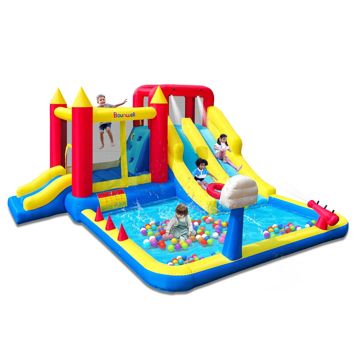 Inflatable Bounce House with Double Slide, Water Bounce Castle with Slide,Water Slide with Splash Pool, Water Cannon, Climbing Wall, Basketball Hoop, Backyard Water Slide for Kids
