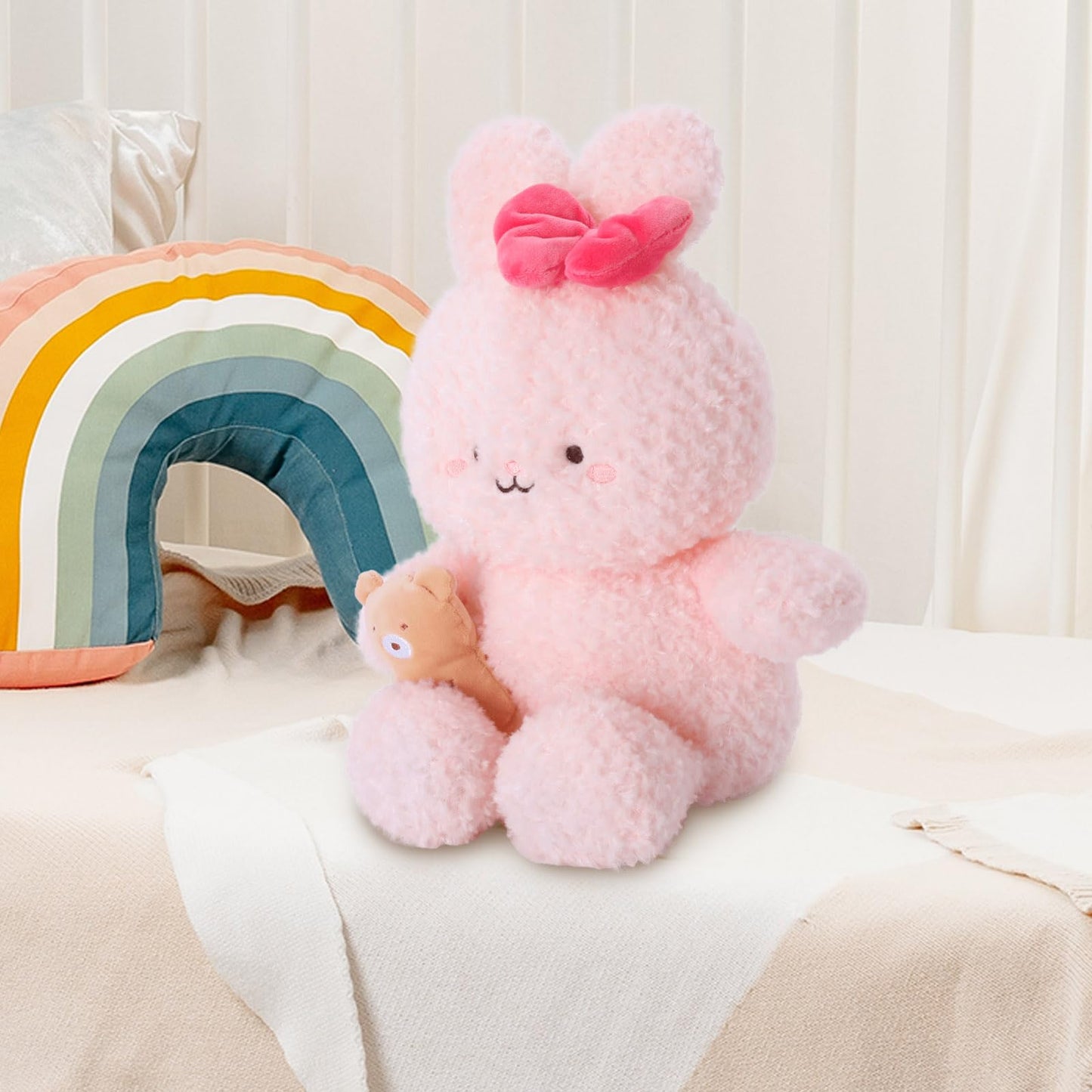Linzy 10” Bowtie Bunny Stuffed Animal Holding Bear, Soft Pink Plush Toy for First Day of School, Birthday, Christmas, Valentine’s Day & Holidays, Plushie for Girls, Toddler, Kids & Women