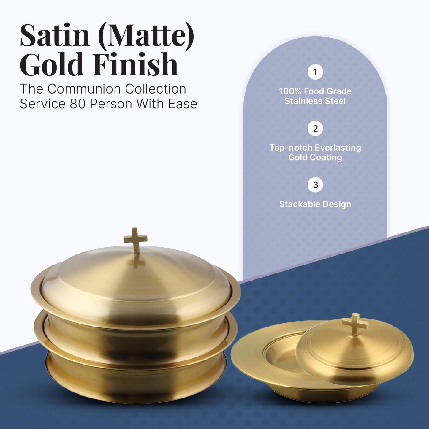 Mayur Exports Communion Ware 2 Holy Wine Serving Trays with A Lid & 1 Stacking Bread Plate with A Lid - Stainless Steel (Brass/Gold)