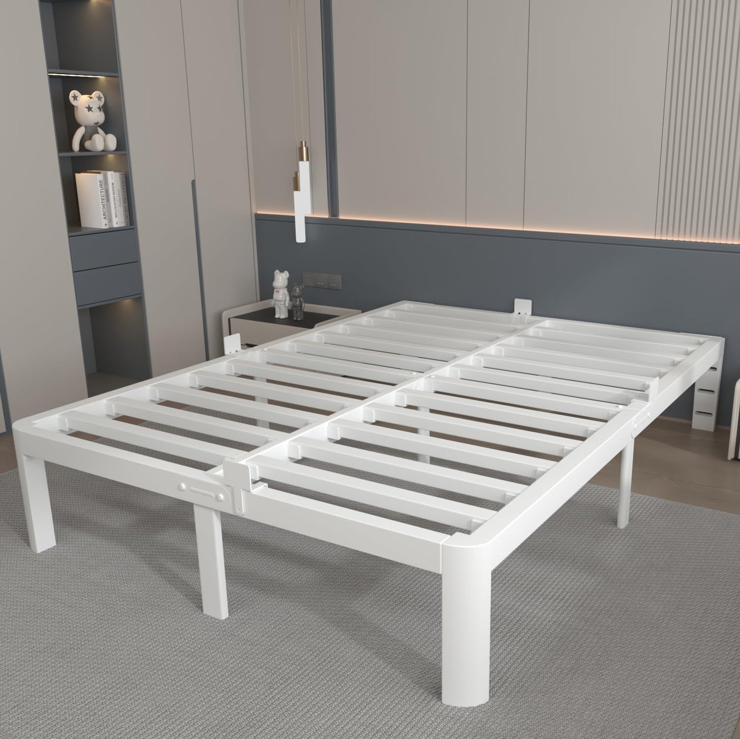 KOSOSO 12 Inch King Size Bed Frame with Metal Gaskets, White Bed Frame King Size No Box Spring Needed, Heavy Duty Steel Platform Support, Round Corner Design, Reserved Holes, Noiseless, Storage Space