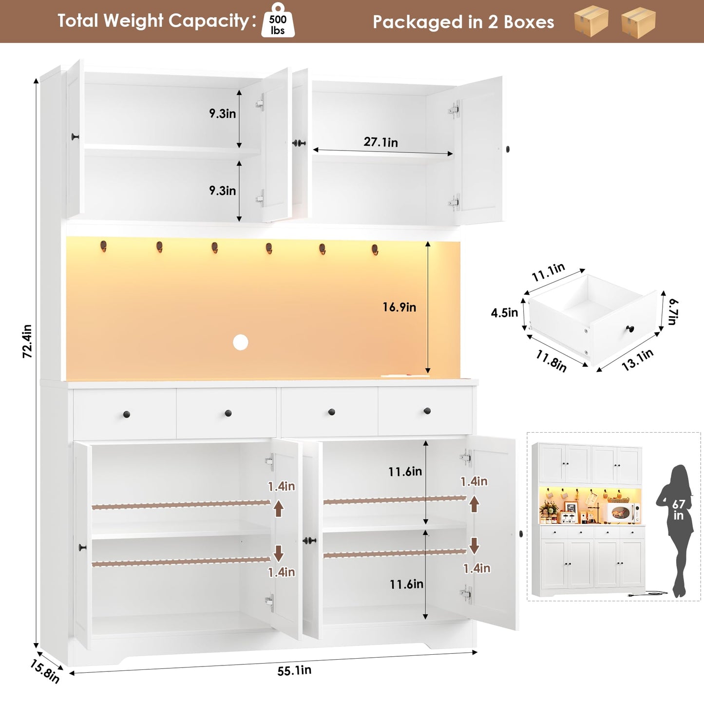 HIFIT 72" LED Kitchen Pantry Cabinet with Power Outlet & Cup Hooks, Tall Kitchen Hutch Storage Cabinets with Countertop Microwave Stand, Food Pantry Cabinet with Drawers for Dining Living Room, White