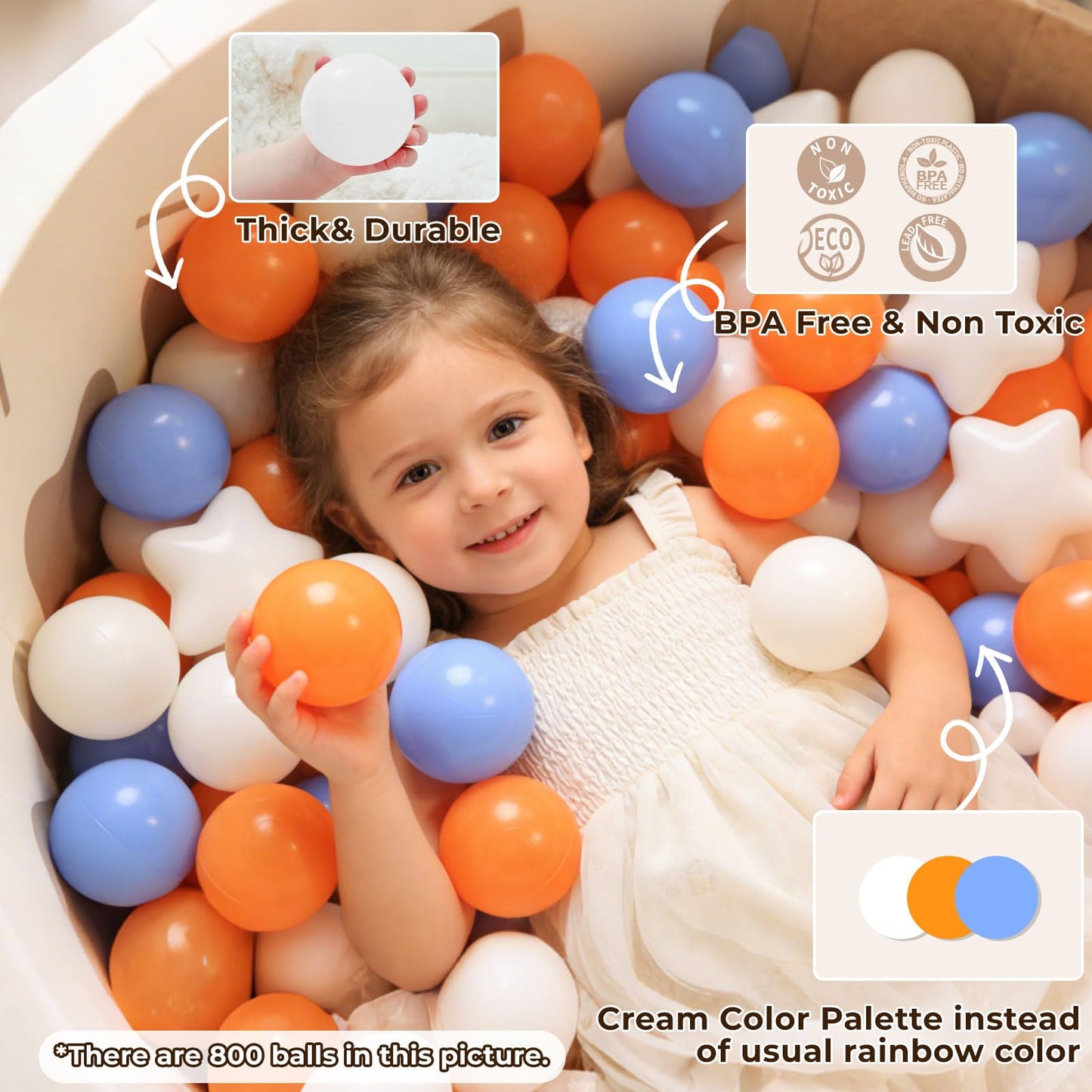 TRENDPLAY Ball Pit Balls Star and Heart Shapes for Toddlers - 200 Count Plastic Balls for Ball Pit Fun and Play (Beige Orange Blue)