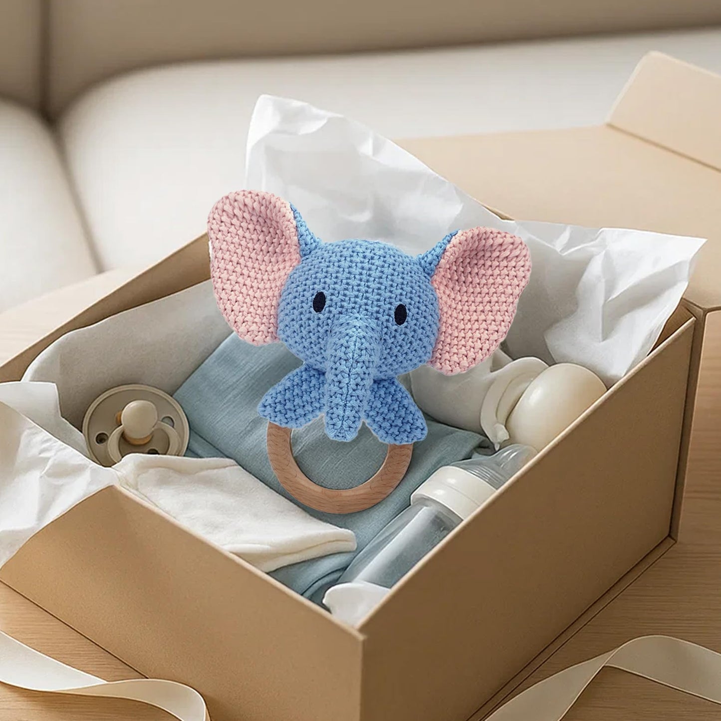 JUSTQUNSEEN Elephant Baby Rattle Teething Ring Hand Knitted CrochetCute Jungle Animal Sensory Toy for Baby Boys Girls 0-3 Months Plush Stuffed Texture Montessori Grasping Shaker Stroller Travel Gift