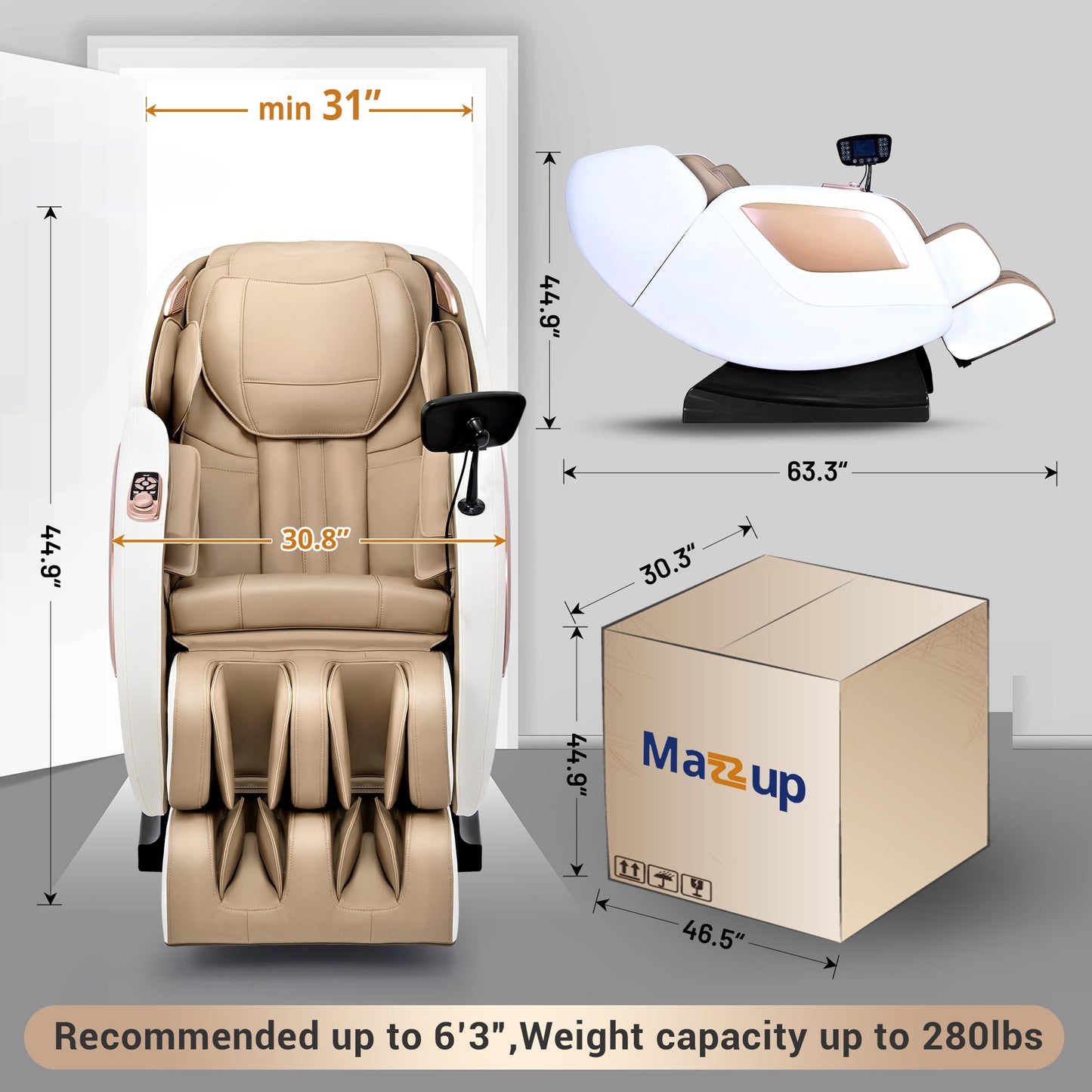 Mazzup Massage Chair Full Body with Heat, Full Body Zero Gravity Shiatsu Massage Chair, Kneading Recliner w/ 20 Auto Modes, Foot Massage, Bluetooth, USB Charging Port, Touch Screen Controller
