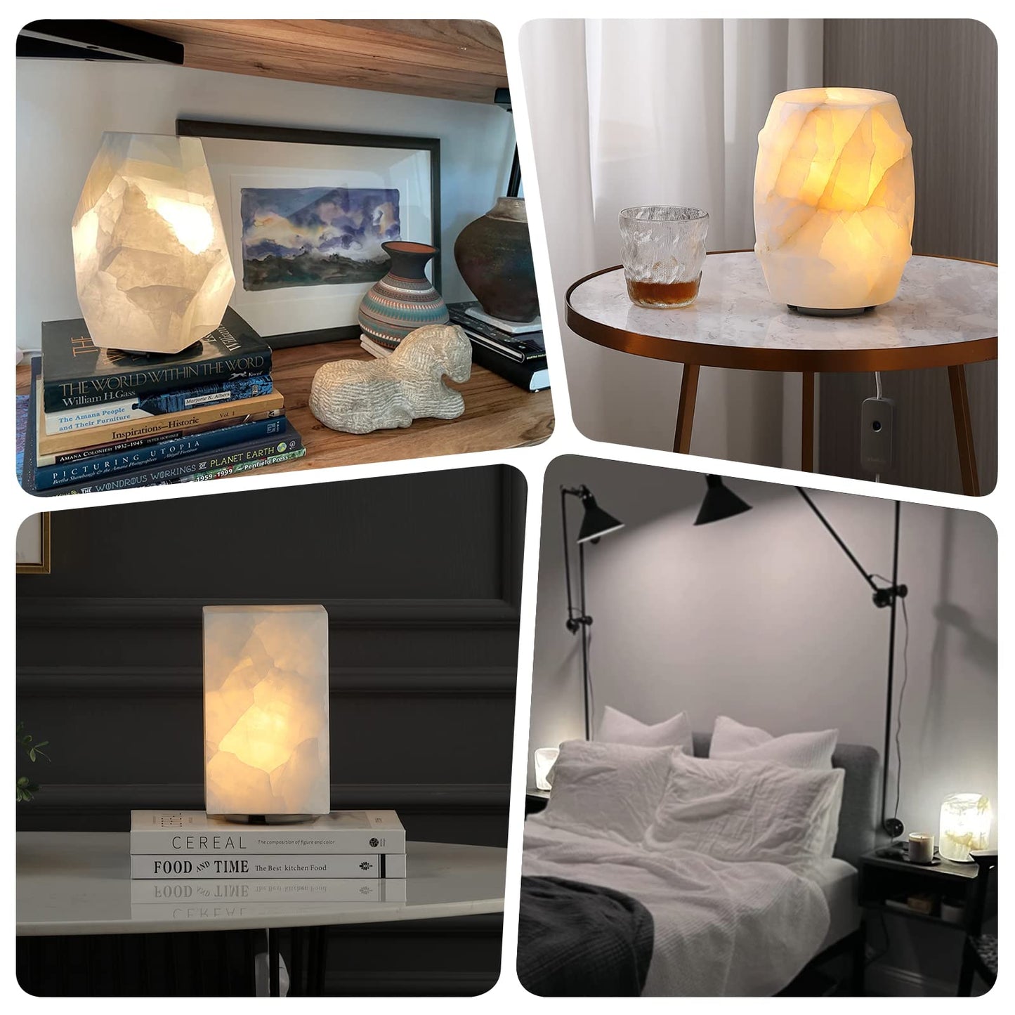 Artsolute Natural Solid Stone Table Lamp with One-of-a-Kind Crystal Texture, Small Accent Lamp with 3 Colors Dimmable LED, Unique Lamp for Bedroom Living Room, Cuboid White