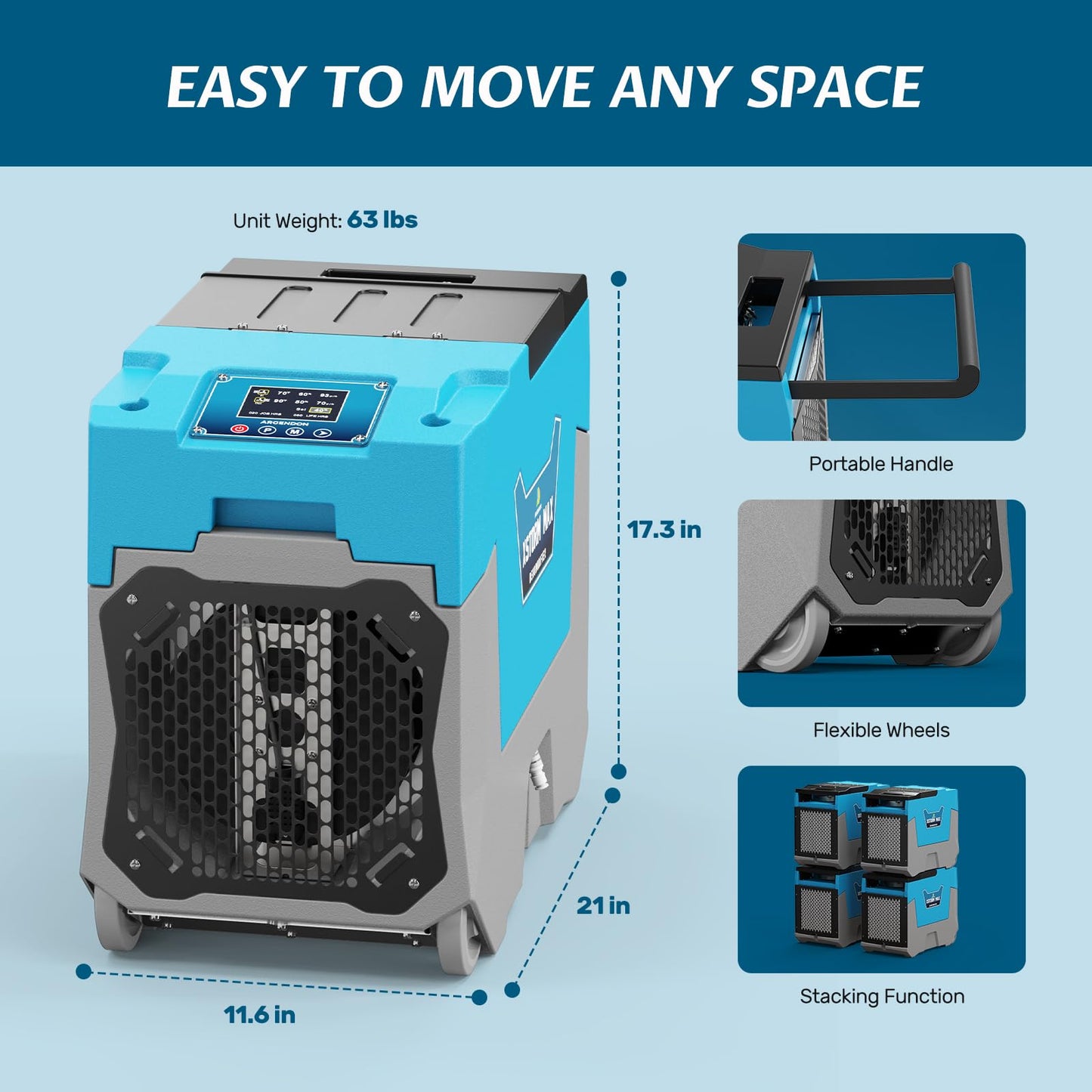 Argendon LGR Commercial Dehumidifier with Pump, 180 Pints Dehumidifiers for Crawl Space, Basements, Large Space, Water Damage Unit, Industrial dehumidifier with Wheels and Handle, 5 Year Warranty