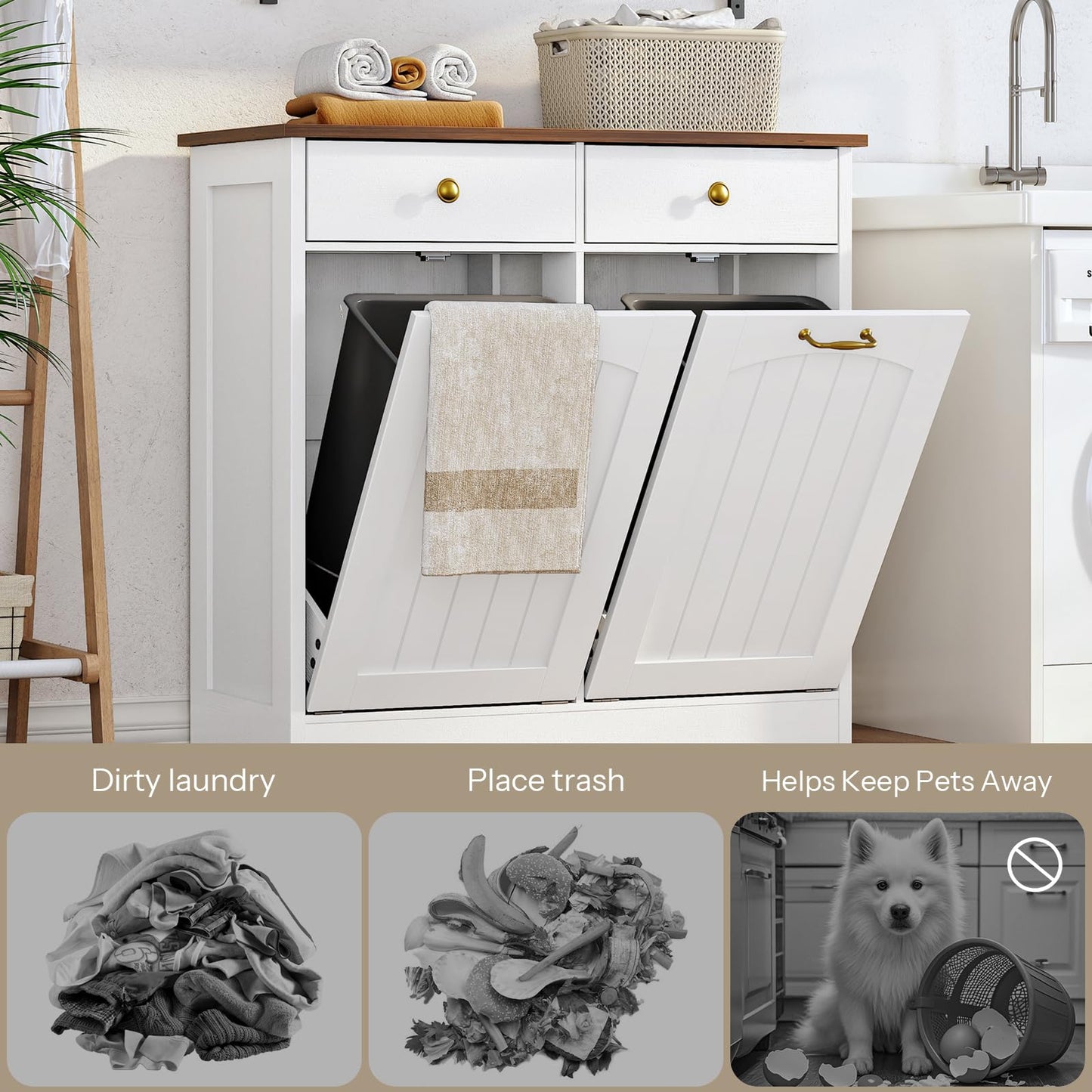 HOOBRO Double Tilt Out Trash Can Cabinet, Hidden Trash Bin Storage with 2 Drawers, Freestanding Kitchen Island Cabinet, for Kitchen, Laundry Room, White and Walnut WH22LJ01US