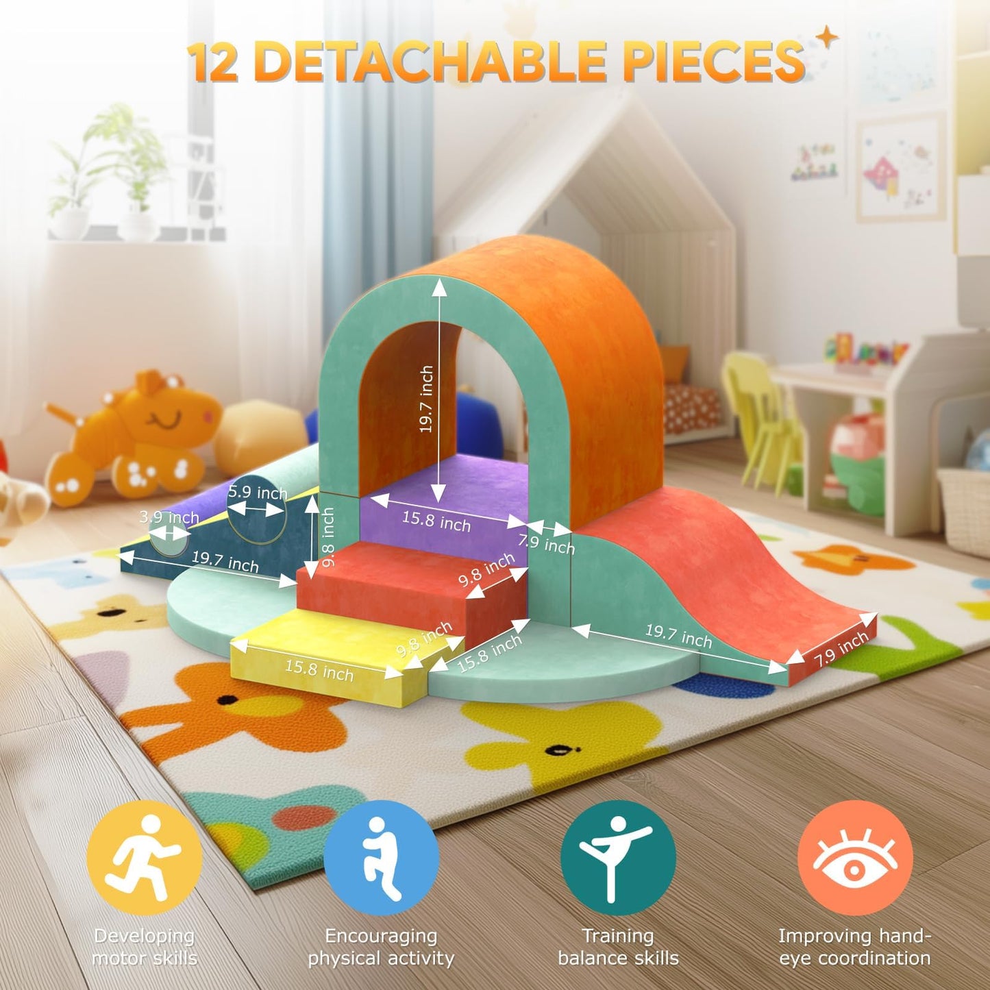 Yaofala Foam Climbing Blocks for Toddlers, 12 PCS Colourful Toddler Climbing Toys Indoor, Soft Play Set with Toy Car, Flexible Crawling and Sliding Climbing Blocks