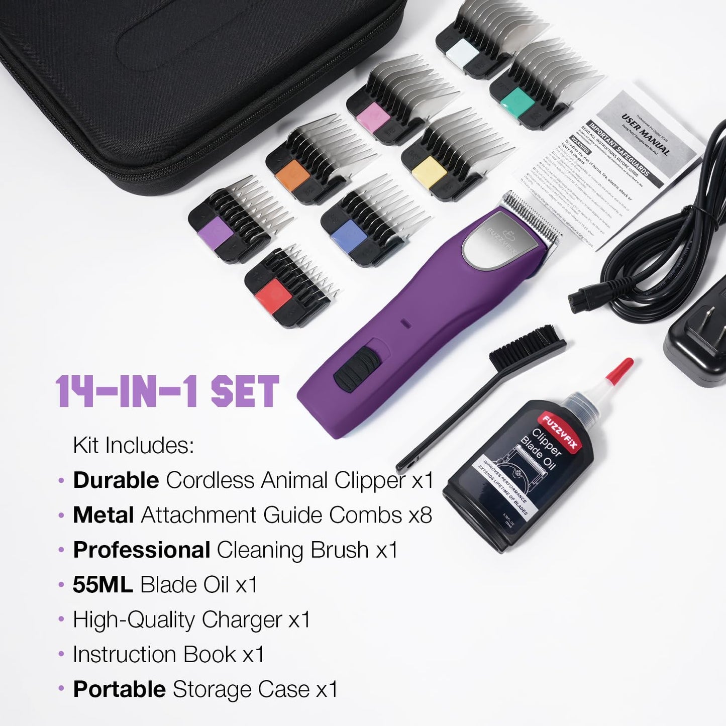 FuzzyFix Professional Dog Clippers for Grooming - 2 Speed Pet Grooming Kit for Thick Curly Matted Coats - Low Noise Heavy Duty Cordless Hair Trimmer with Detachable Metal Blade