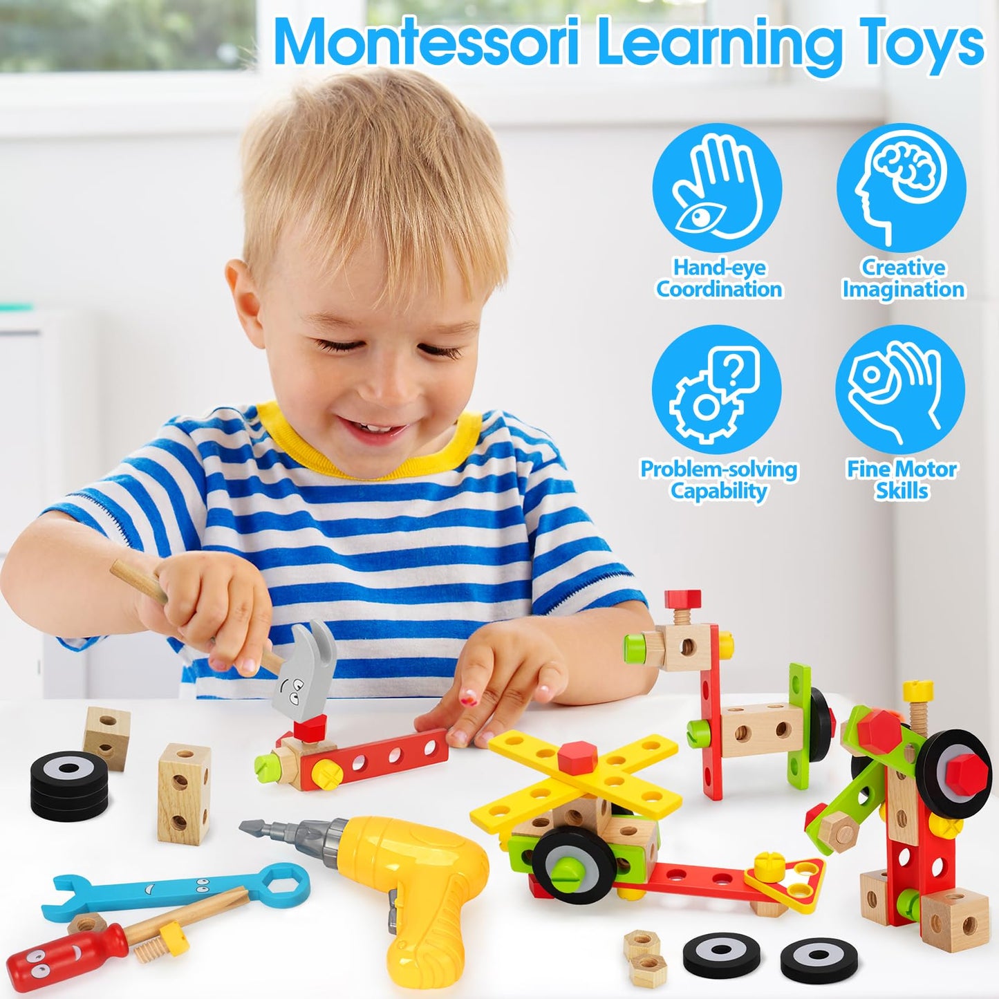 Kids Tool Set with Electric Drill, 46 Pcs Wooden Toddler Play Tools Set with Tool Box, Montessori STEM Educational Construction Building Toy for 3 4 5 6 Year Old Boys Girls Birthday Gifts