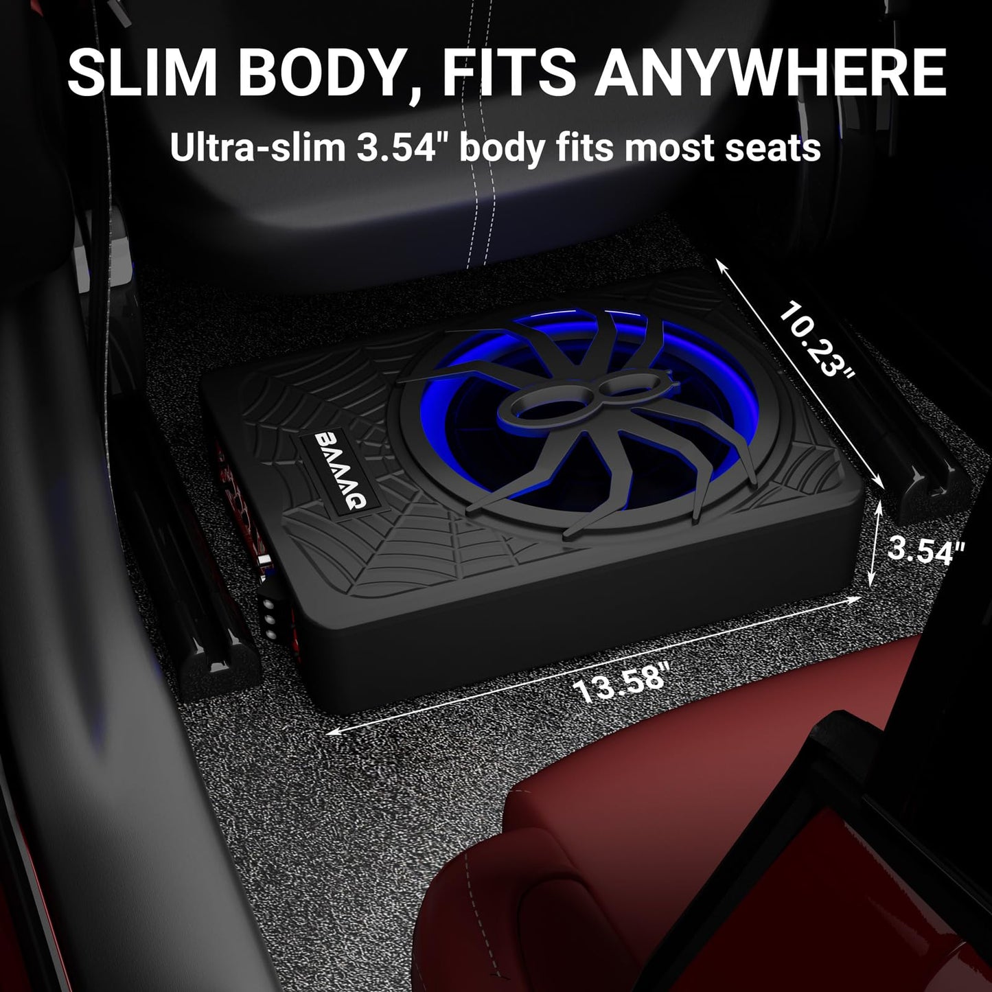 Baaaq Slim Underseat Powered Car Subwoofer, 2026 Upgraded 10 inch 1200W Car/Truck Audio Subwoofer with Built-in Amplifier Amp Combo Package, Powerful bass and RGB LED Ambient Light for Car and Truck