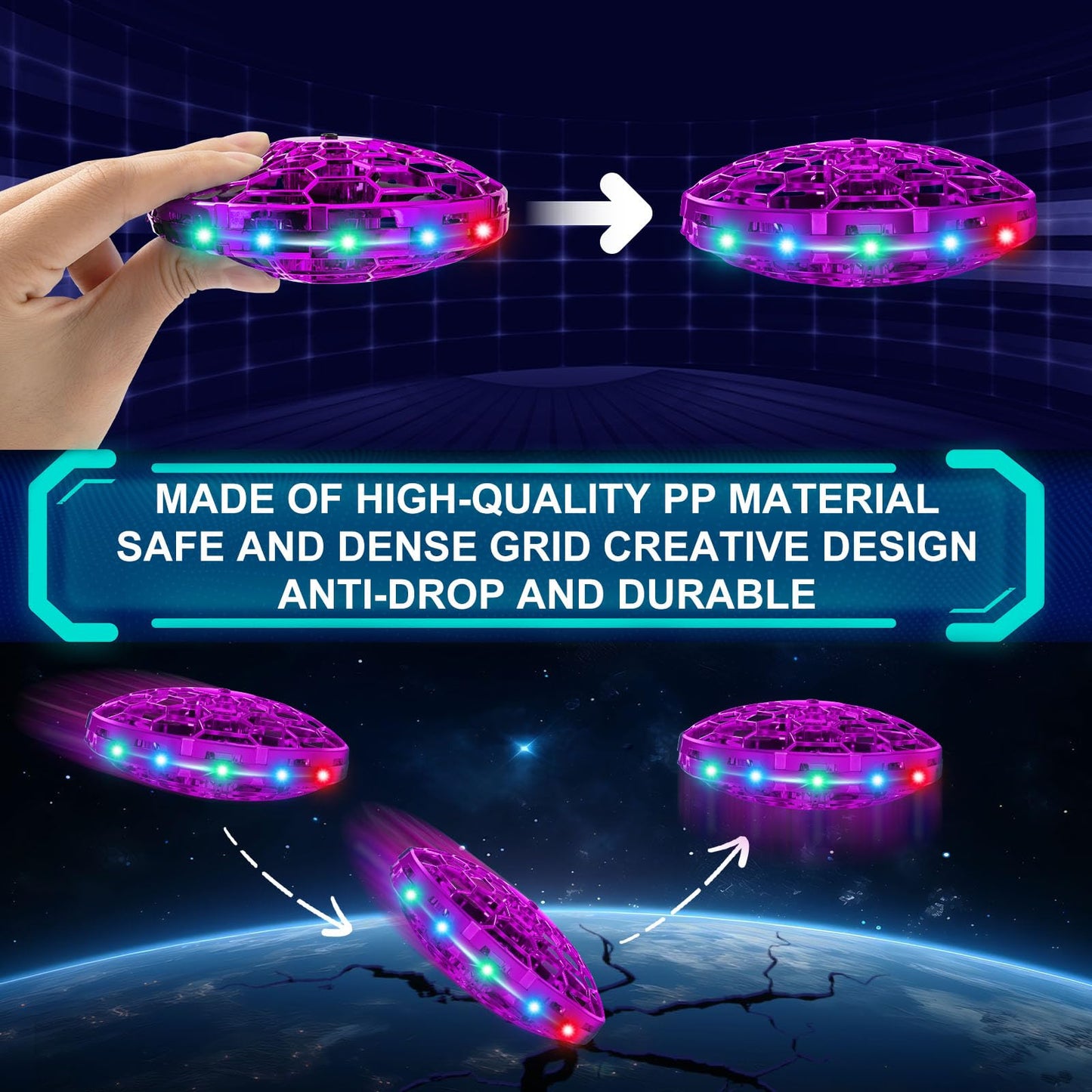 Hand Operated Flying Toy Drone for Kids, 360° Hands Free Motion Sensors Mini Drone with Cool LED Lights, Easy Indoor Small UFO Toy Flying Ball Drone for 6 7 8 9 10+ Year Old Boys and Girls (Pink)