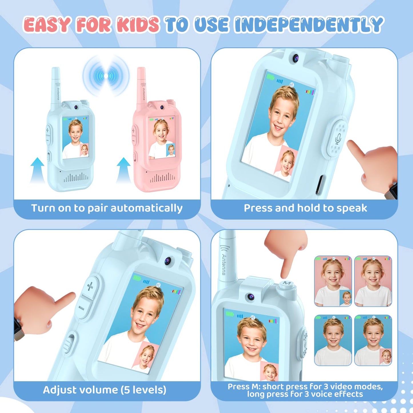 Video Walkie Talkie for Kids - 2 Pack Rechargeable Kids Walkie Talkies Long Range Radios, Video Intercom & Voice Effects, Christmas Birthday Gifts, Toys for Age 3-12 Boys Girls, Indoor Outdoor Travel