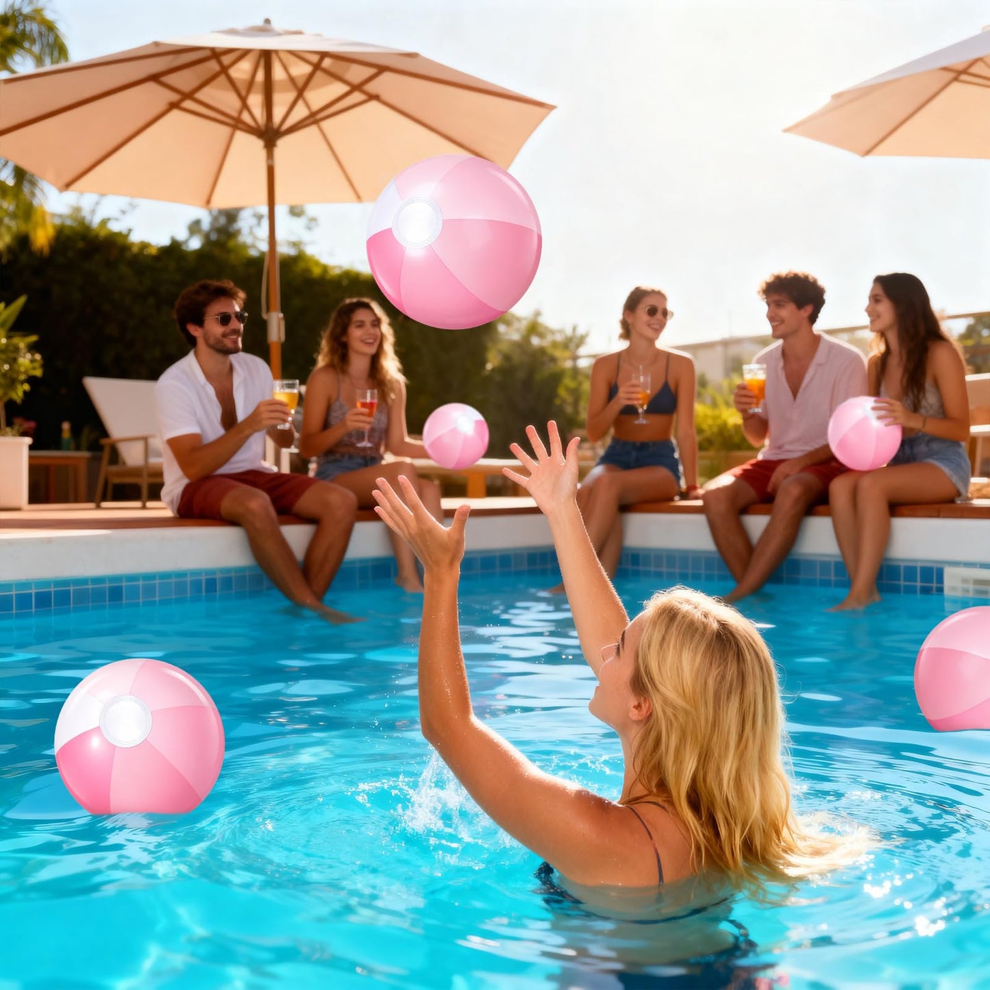 Realspring 12 Pcs Pastel Inflatable Beach Balls Kids Bulk Stripe Jumbo Big Beach Balls Pool Floating Toy for Adult Water Game Baby Shower Birthday Summer Swimming Party (Pink and White,10 Inch)
