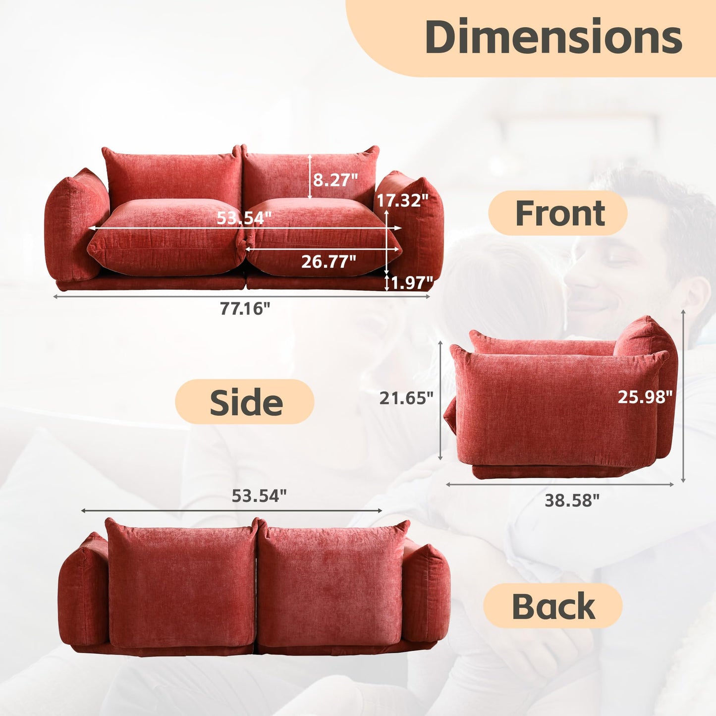 WJShome Modular Sectional Couch, Lovesofa Convertible Sofa, 77.16in Minimalist Modern Chenille Yarn 2 Seater Living Room Sofa Set for Office & House, Red