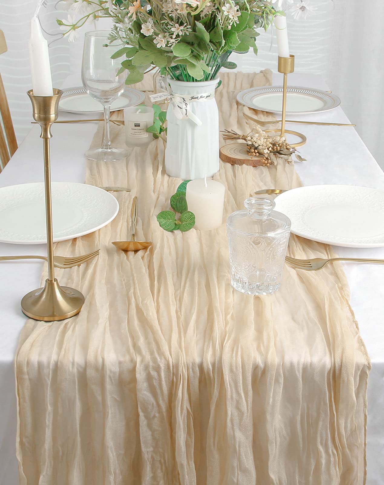 FEXIA 6 Pack Beige Gauz Table Runner 35x120 Inches for Centerpiece Table Decorations Ivory Cheesecloth Rustic Boho Table Runner for Bridal Shower Wedding Party First Communion Centerpiece Engagement