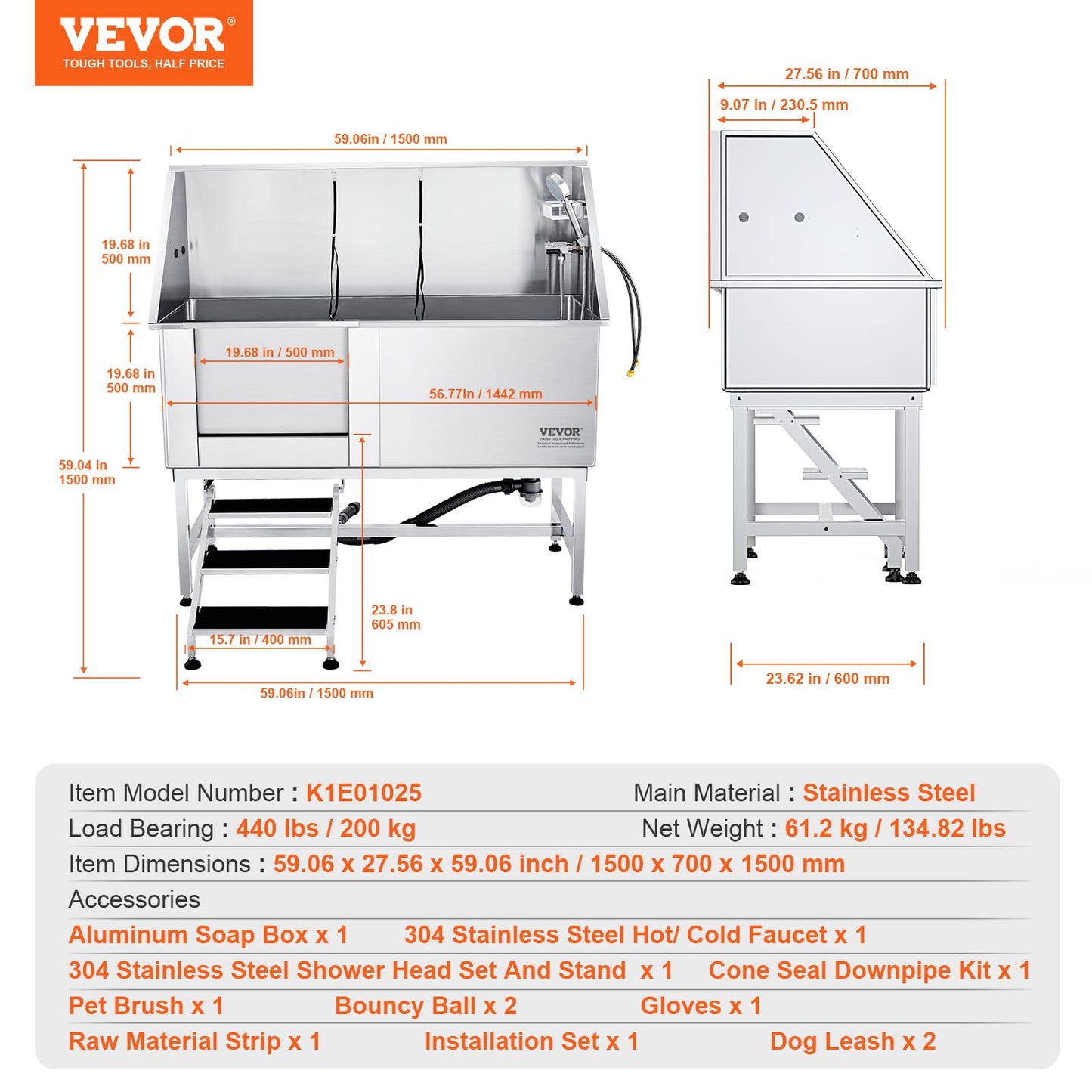 VEVOR 62" Pet Dog Bathing Station w/Stairs, Professional Stainless Steel Dog Grooming Tub w/Soap Box, Faucet,Rich Accessory,Bathtub for Large,Medium,Small Pet, Washing Sink for Home(Left)