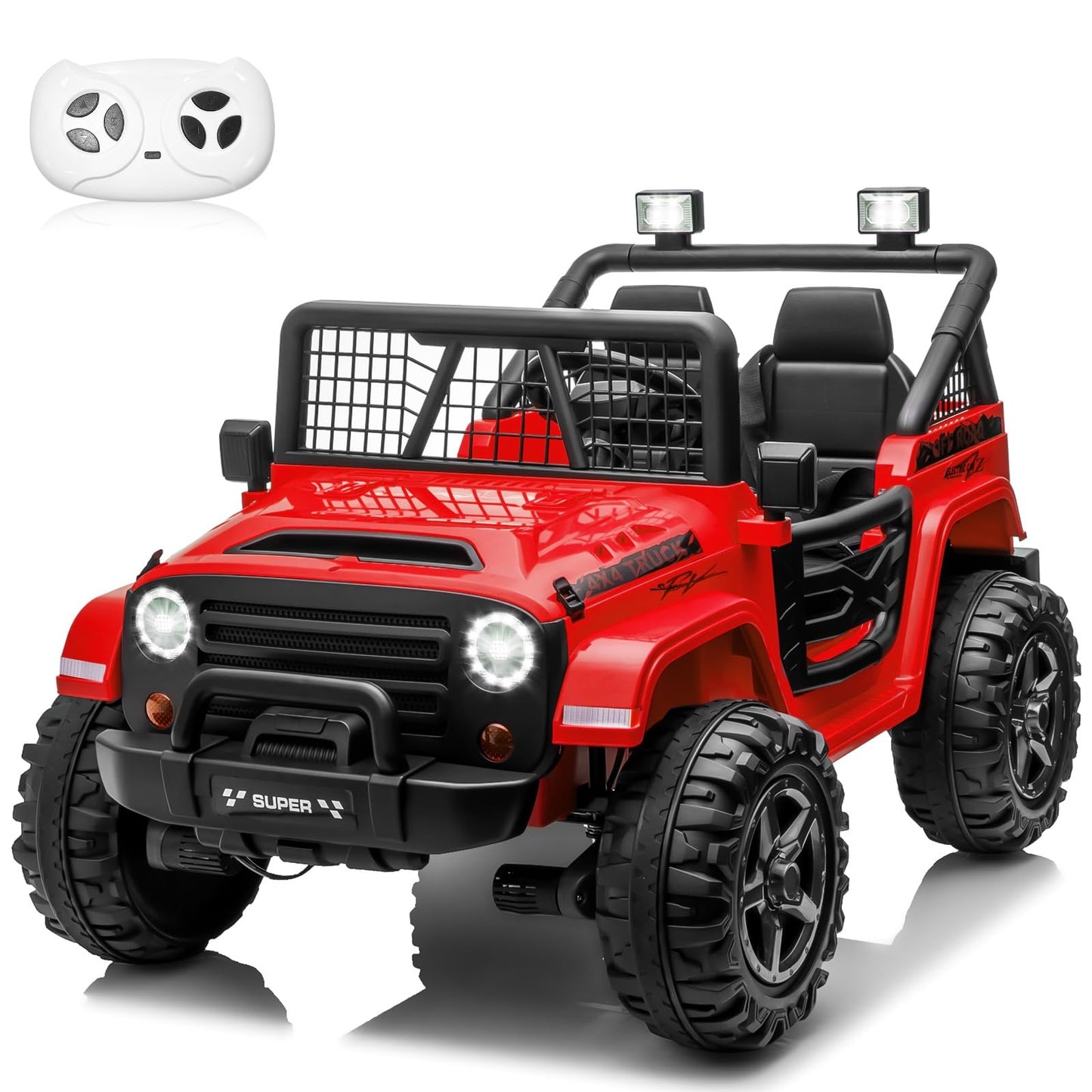 ANRLI 24V XL Ride on Car with Remote Control, 2 Seater 4WD/2WD Switchable Electric Car for Kids w/20 Inch Wide Seat, Gift Flower, 4X200W Power Car Wheels 24 Volt Big Trucks for Boys Girls, Red