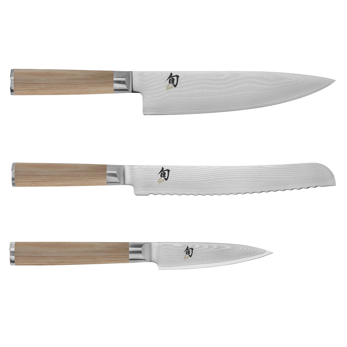 Shun Classic Damascus Blonde 3-Piece Knife Set, Includes Chef’s Knife 8-in, Bread Knife 9-in and Paring Knife 3.5-in Set, Made in Seki, Japan