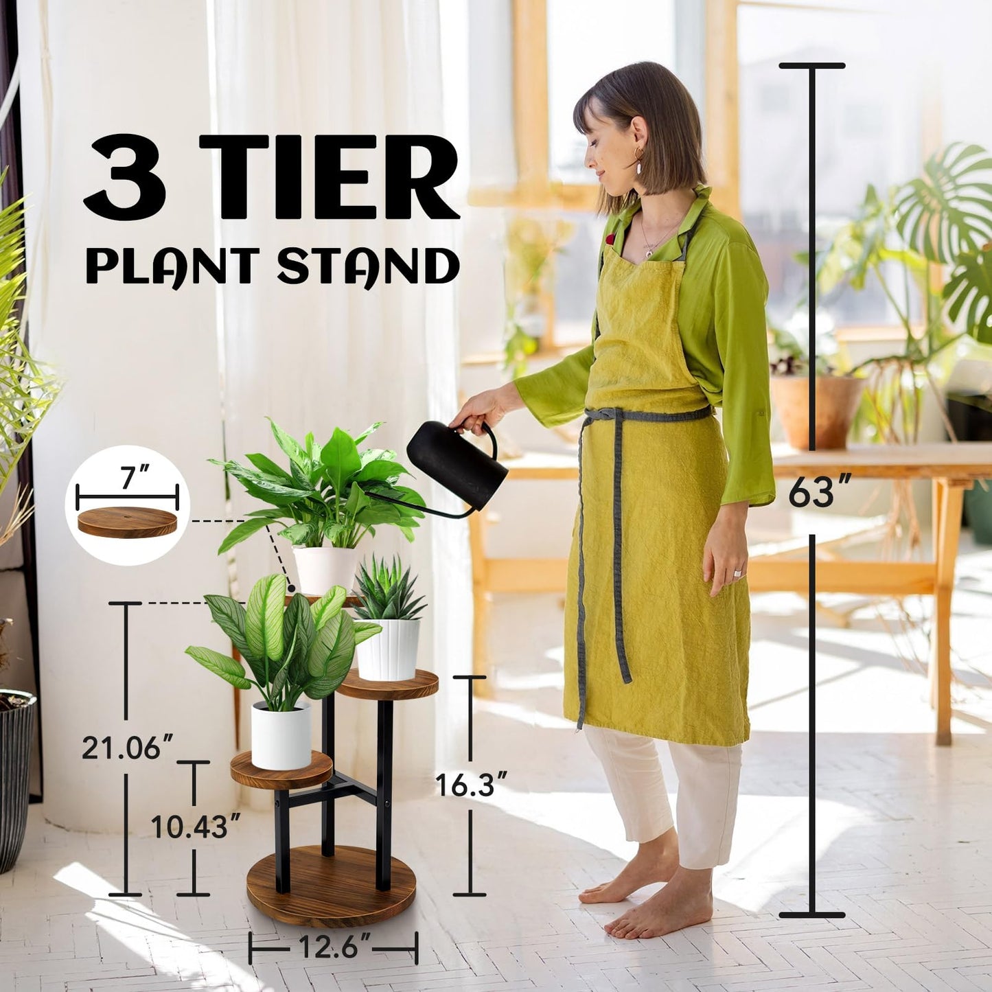 AUGOSTA 3 Tier Plant Stand, Tall Metal Wood Shelf Holder for Indoor, Outdoor Display Rack Flower Pot Stand for Corner Living Room Balcony Garden Patio