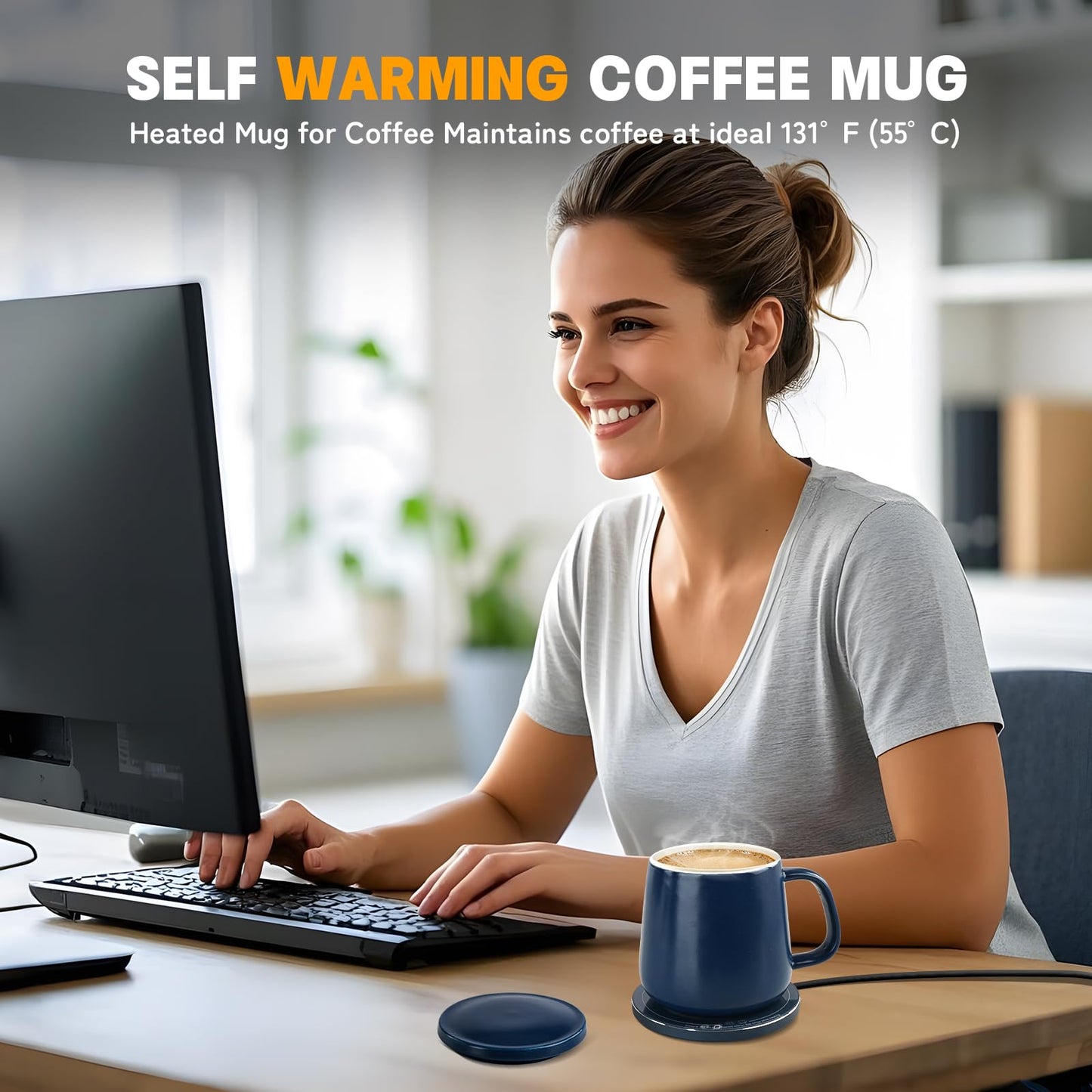 USBERG Smart-Warming Ceramic Mug & Plug in 15W Wireless Charger Combo - Keep Coffee Hot (131°F/55°C, USB-C) & Phone Charged, Cord-Free! 12.8 oz, Splash-Proof Lid (Navy Blue)