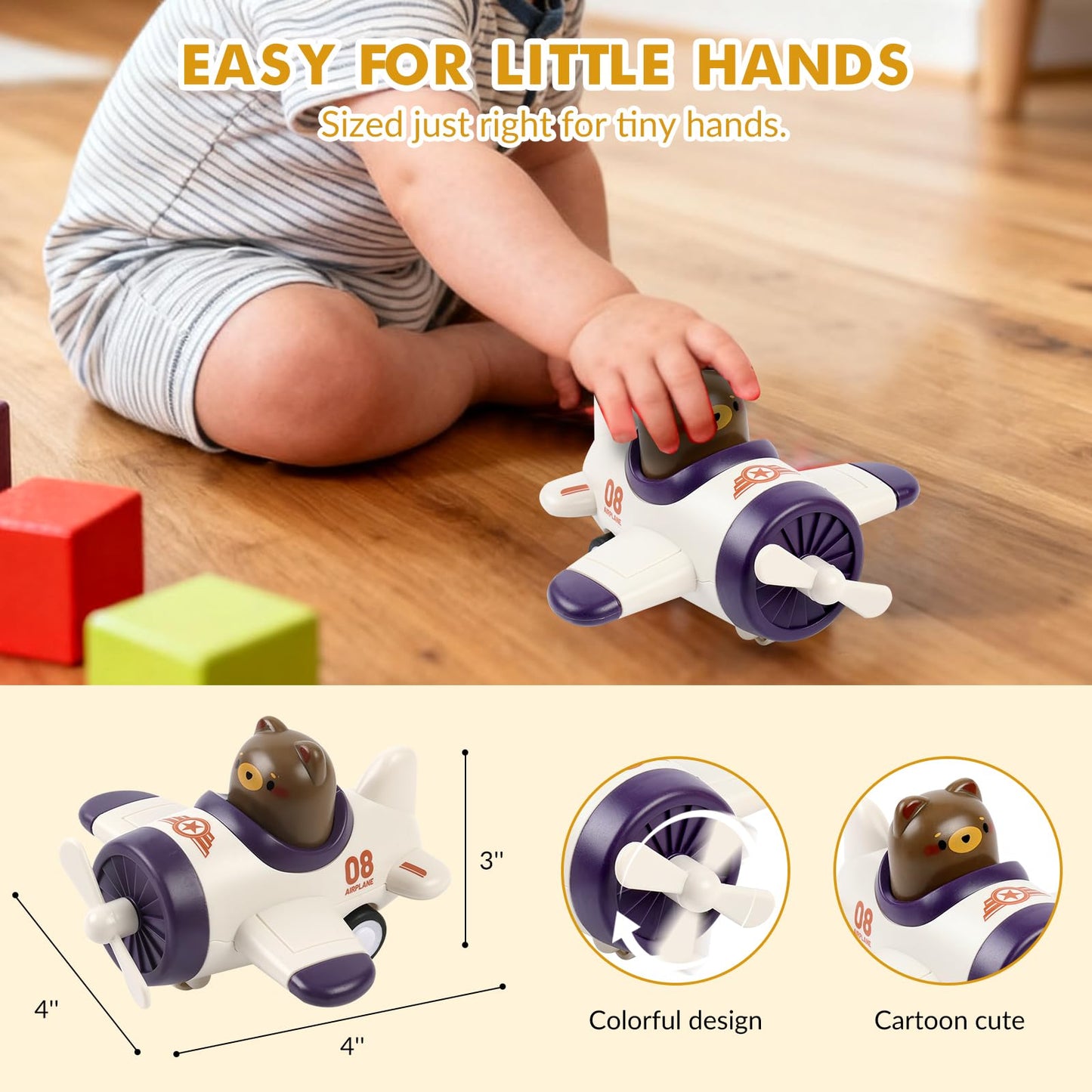 Airplane Toy Cars for Toddlers 1-3 – 4 Pack Press and Go Baby Car Toys, Push Airplanes with Rotating Propellers & Animal Drivers, Safe ABS Friction Cars for Indoor Outdoor Play, Gift for Boys Girls