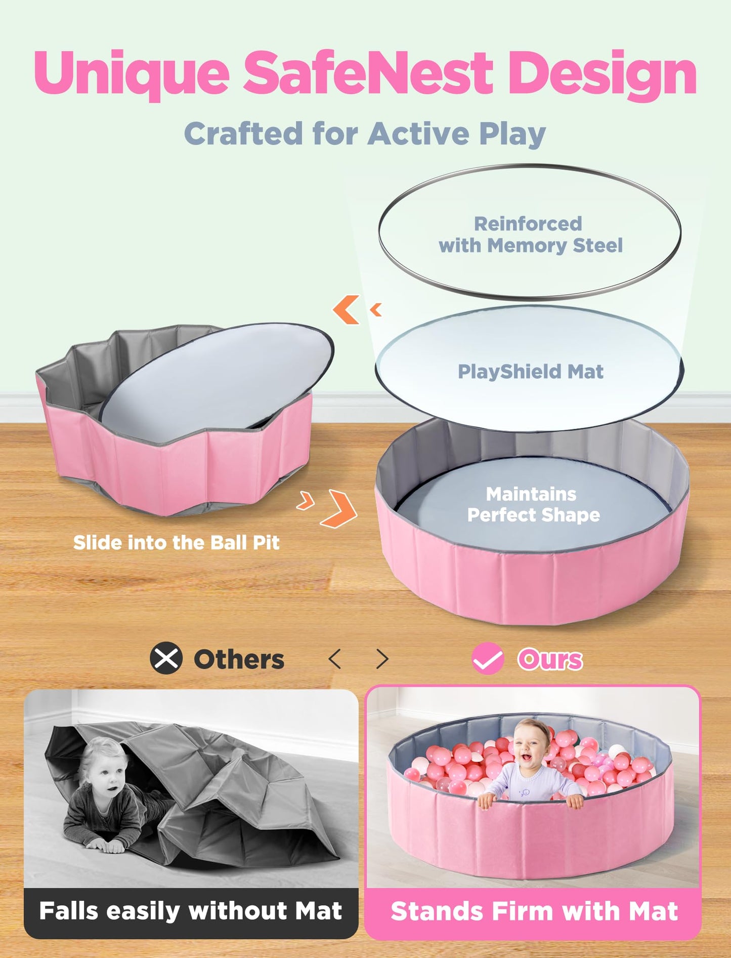 Hikiddy Large Ball Pit for Toddlers - 44 in Baby Ball Pit with Pop-Up Playmat, Foldable Kids Ball Pool, Dog Play Pit, Indoor and Outdoor Use, Hold Over 1000 Balls, Balls Not Include (Pink)