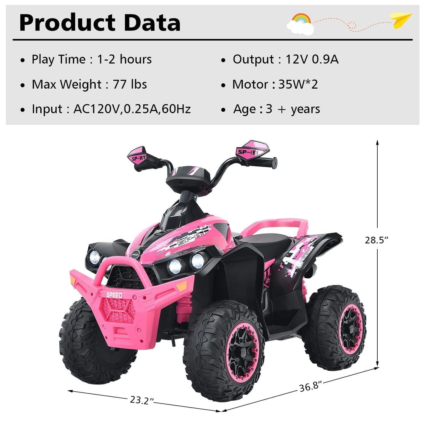 INFANS Kids Ride on ATV, 12V 4 Wheeler Quad Toy Vehicle with Music, Horn, High Low Speeds, LED Lights, Electric Ride On Toy, Battery Powered Wheels Car for Kids 3-8 Years Old (Pink)