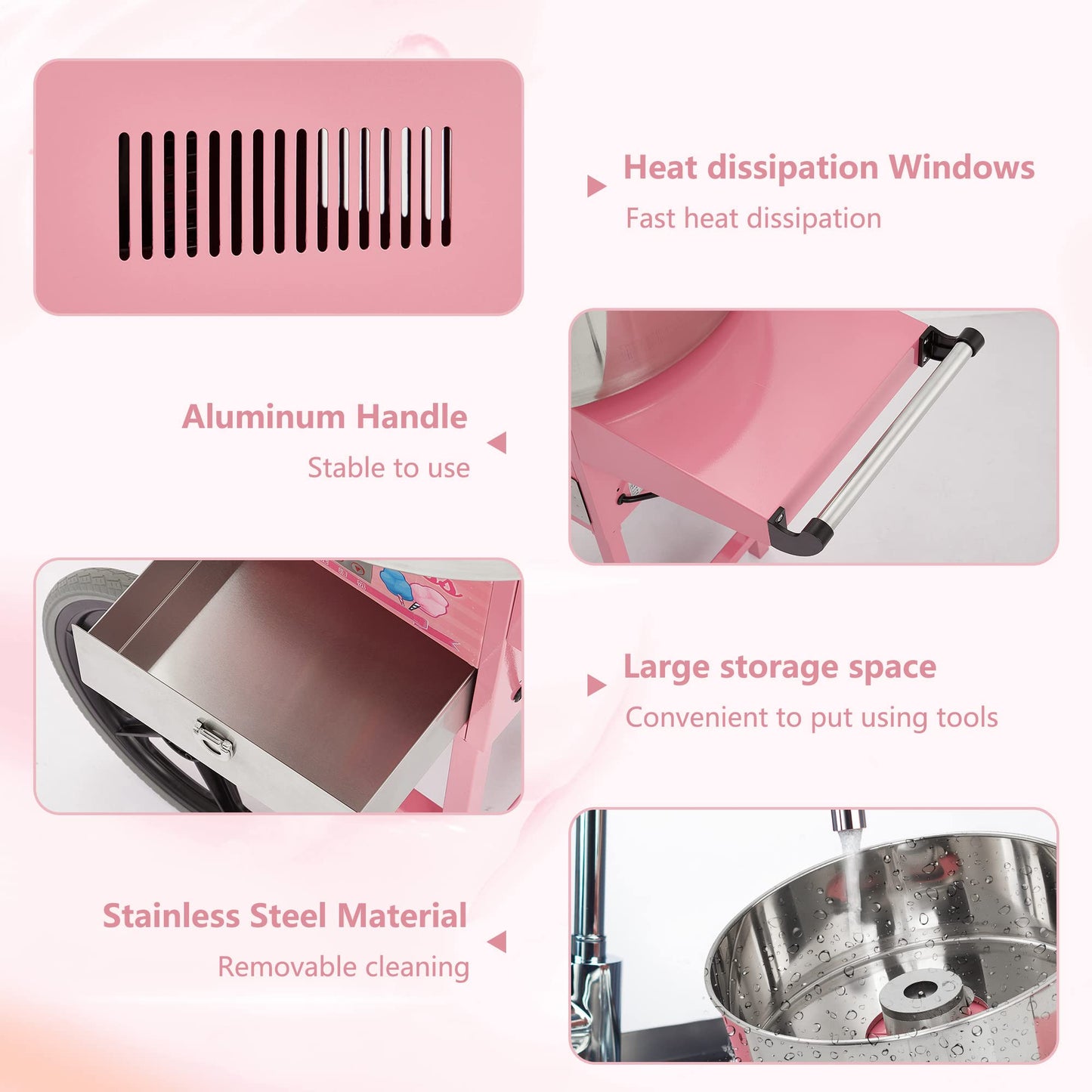 Garvee Extra Large Cotton Candy Cart - Commercial Cotton Candy Machine,Electric Cotton Candy Floss Maker with Drawer, 20 in Stainless Steel Bowl Perfect for Commercial Use Home Party Carnival