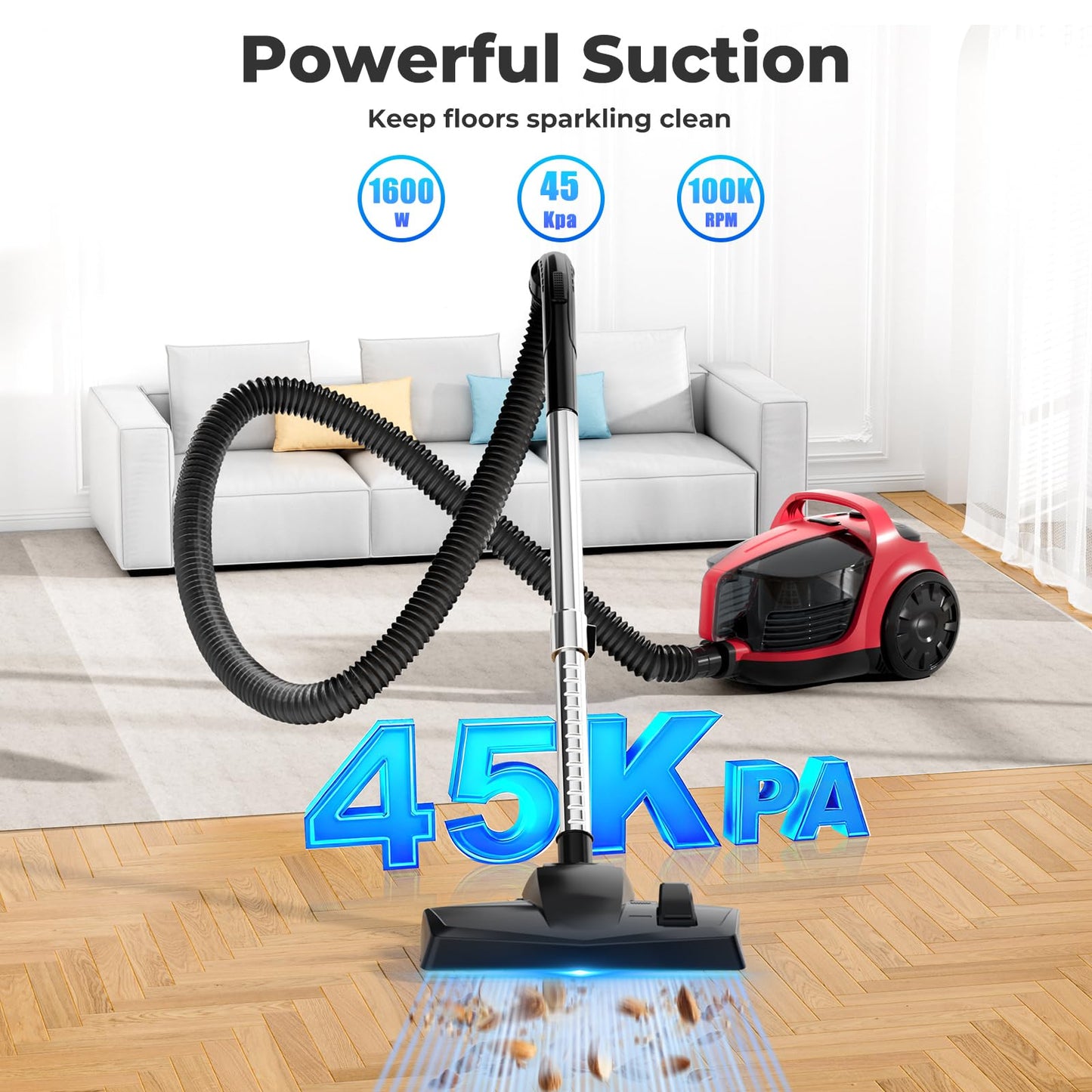 1600W Canister Vacuum Cleaner, Bagless Vacuum Cleaner with 45kPa Strong Suction, 4L Large Dust Cup, Variable Speed Control, 5 Tools, Lightweight Canister Vacuum for Home, Pet, Carpet, Hard Floor, Red