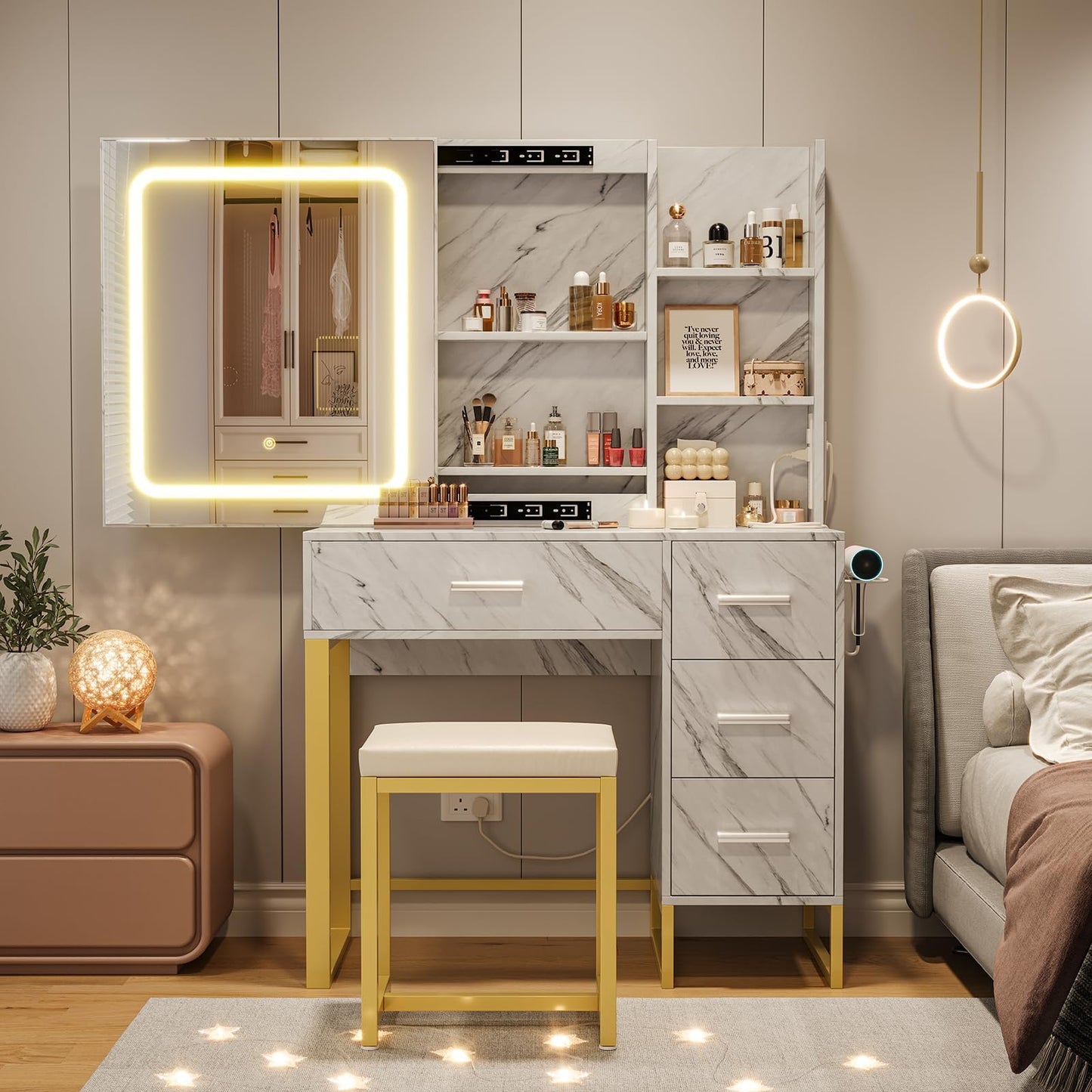 GAOMON 57'' Large Vanity Desk with Mirror & Lights, Makeup Vanity Table with Charging Station, 3 Lighting Modes, Elegant Vanity Set with 4 Drawers and Shelves, Cushioned Stool,Marble White
