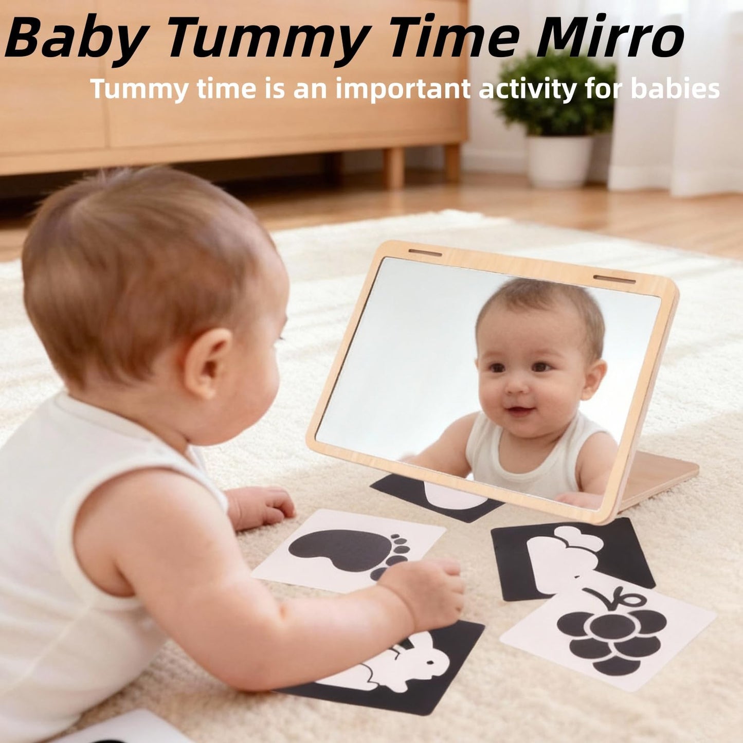 juhg Tummy Time Mirror Large Baby Mirror Toy and Card Display Stand with Black and White High Contrast Baby Cards Double-Sided Design Adjustable Angle Montessori Mirror