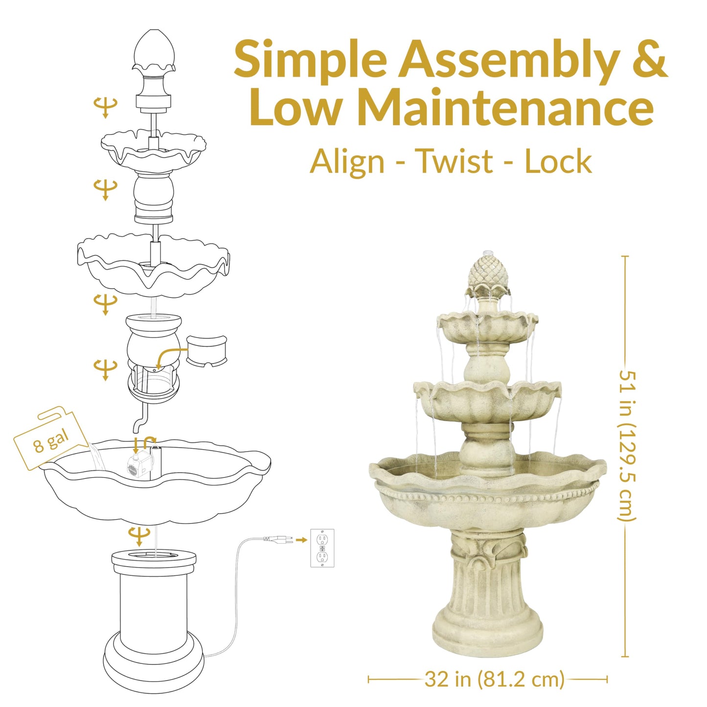 Sunnydaze 51-Inch Electric Water Fountain - Outdoor Water Feature - 3-Tier Outdoor Fountain with Pineapple Top - White
