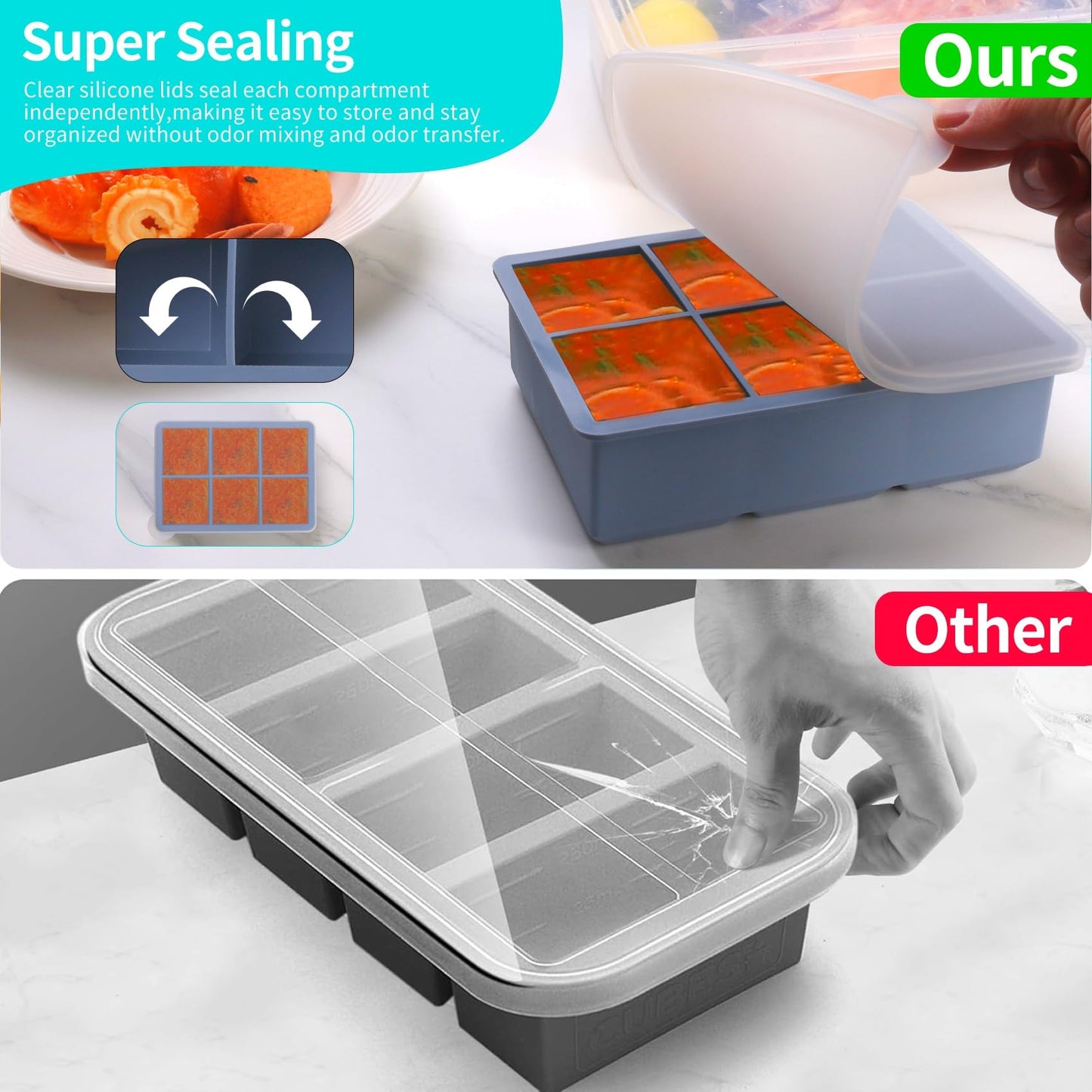 1/2 Cup Silicone Freezer Tray With Lid - Silicone Freezer Molds 2-Pack For meal prep & freezing of various sauces and other dishes, makes 12 perfect 1/2 cup portions cubes (Blue 2 Pack)
