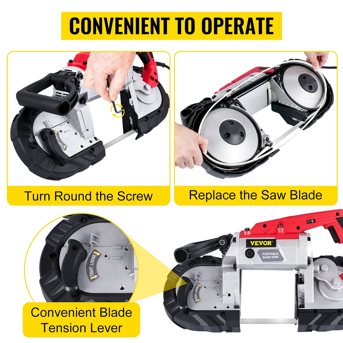 VEVOR Portable Band Saw, 110V Removable Alloy Steel Base 5 Inch Cutting Capacity Hand held Variable Speed Portable Bandsaw, 10Amp Motor Deep Cut Band saw for Metal Wood
