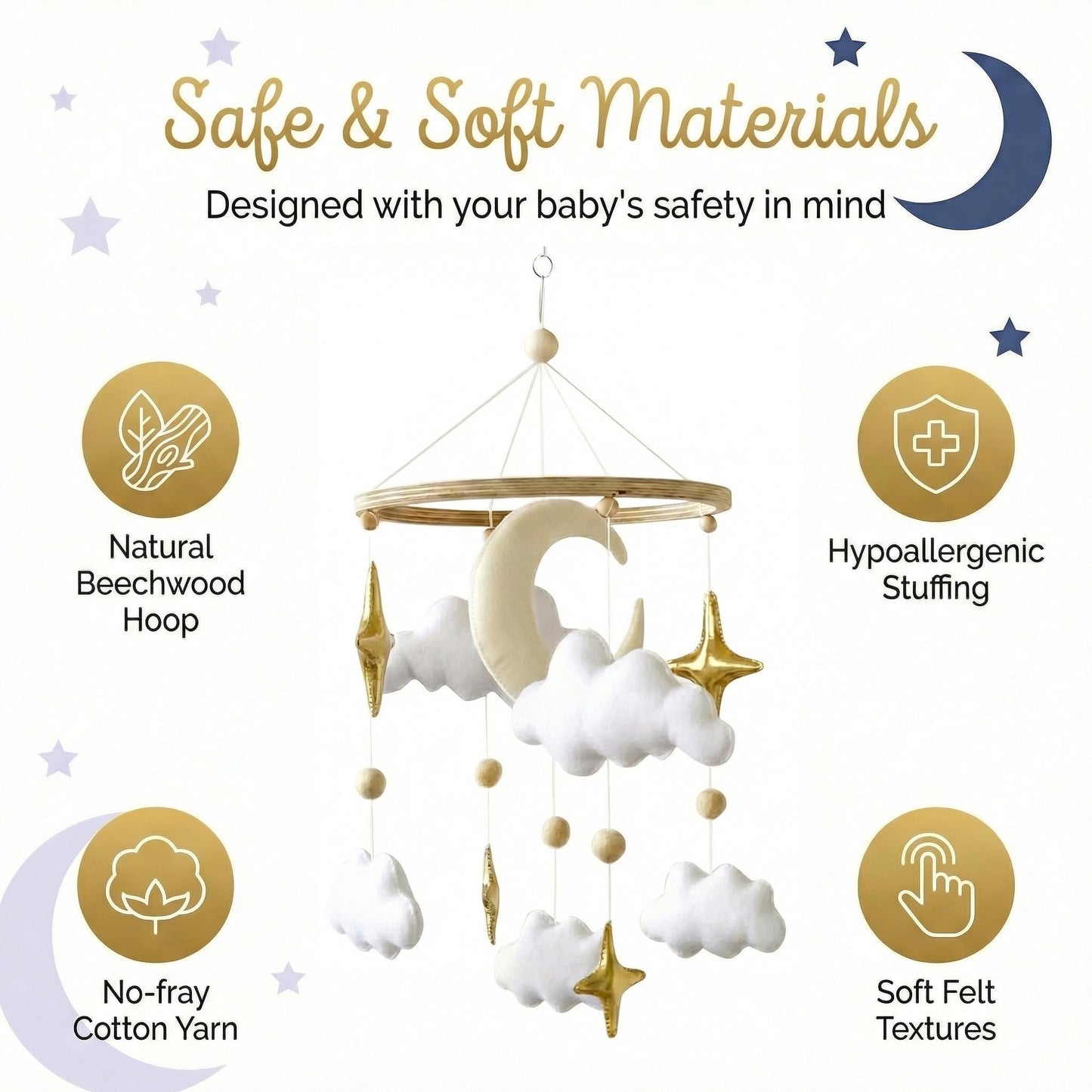 Emmnnic Baby Mobile for Crib - Handmade Modern Boho Baby Mobiles for Bassinet Felt Nursery Mobile Gender Neutral - Gold Moon and Stars - Girl Cribs Decorations