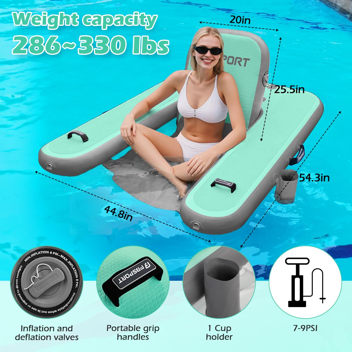 FBSPORT Inflatable Pool Float Lounger for Adults, Water Floating Chair Pool Float Raft with Cup Holder and Backrest for Swimming Pool, Lake, Party and Beach