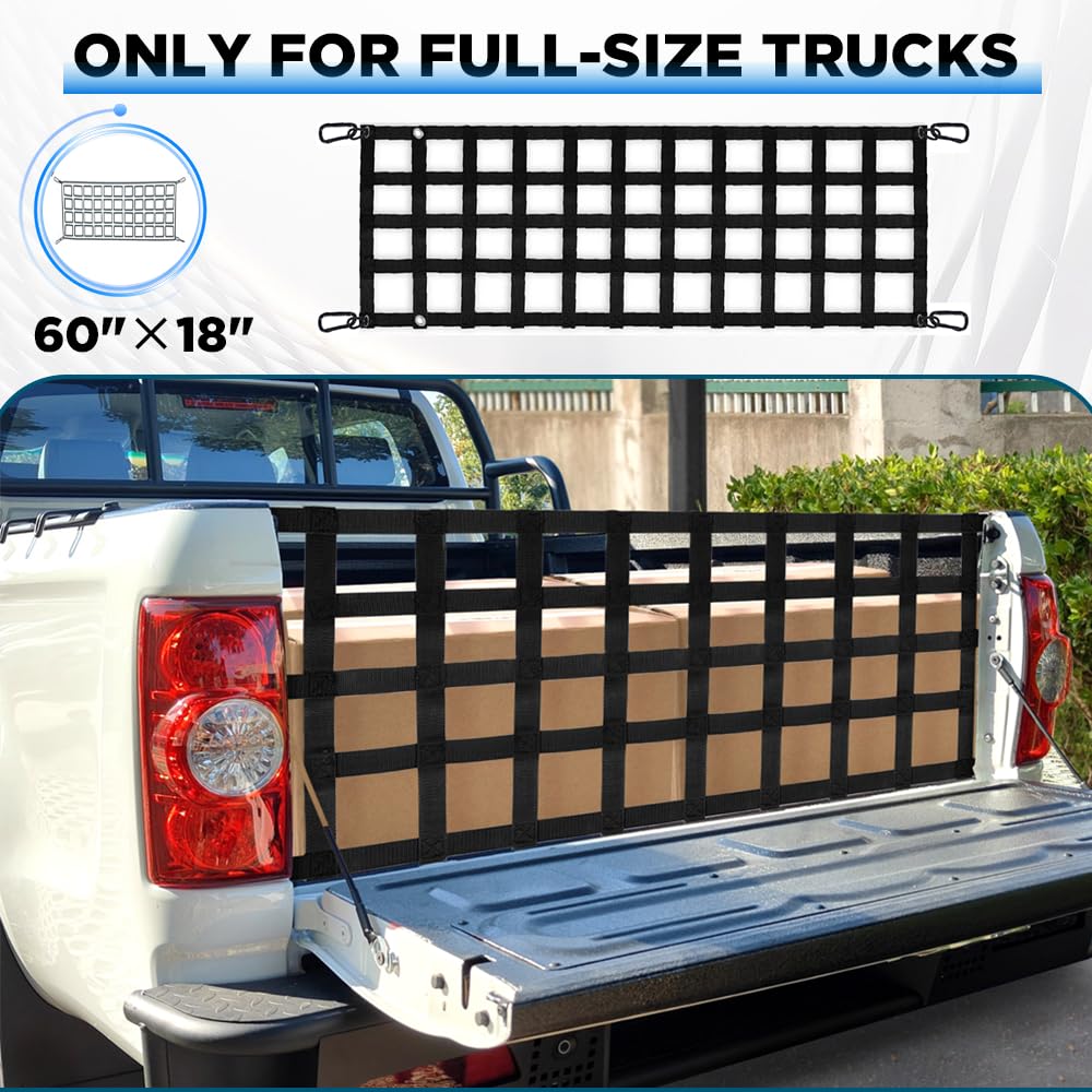 BARTOO Tailgate Net for Pickup Truck Bed, 60'' x 18'' Tailgate Mesh Cargo Net for Full Size Truck, Heavy Duty Cargo Netting with Hooks for Chevrolet, Ford, Toyota, GMC, Jeep, Black