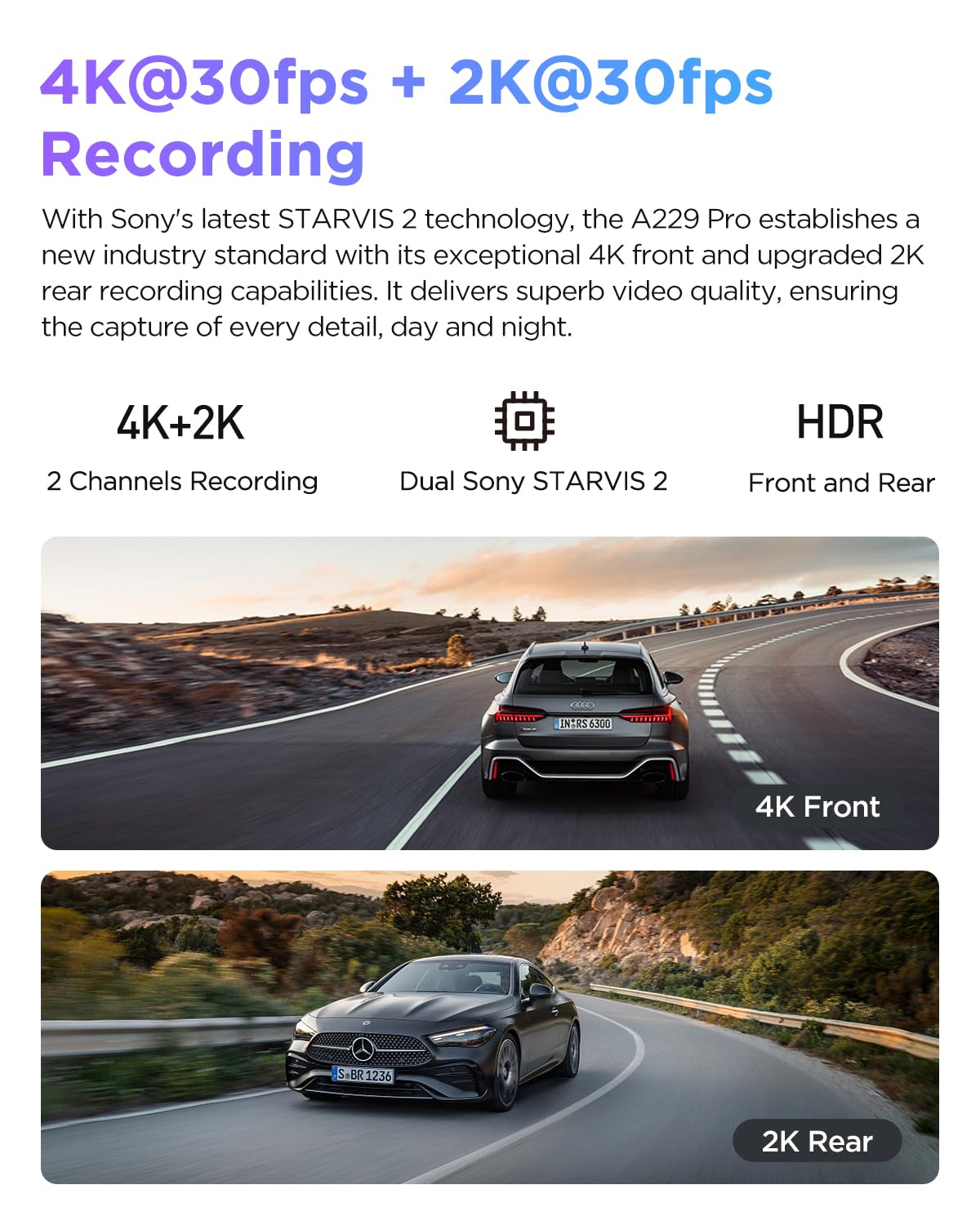 VIOFO A229 Pro 4K HDR Dash Cam, Dual STARVIS 2 IMX678 IMX675, 4K+2K Front and Rear Car Camera, 2 Channel with HDR, Voice Control, 5GHz WiFi GPS, Night Vision 2.0, 24H Parking Mode