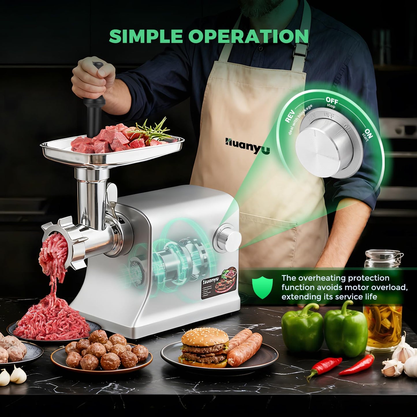 Huanyu Electric Meat Grinder 2800W Max Heavy Duty with 5 Sets of Stainless Steel Vegetable Shredder Blades, French Fry Blade, 3 Sausage Stuffers & Kubbe Kit Multifunctional for Home Kitchen Use