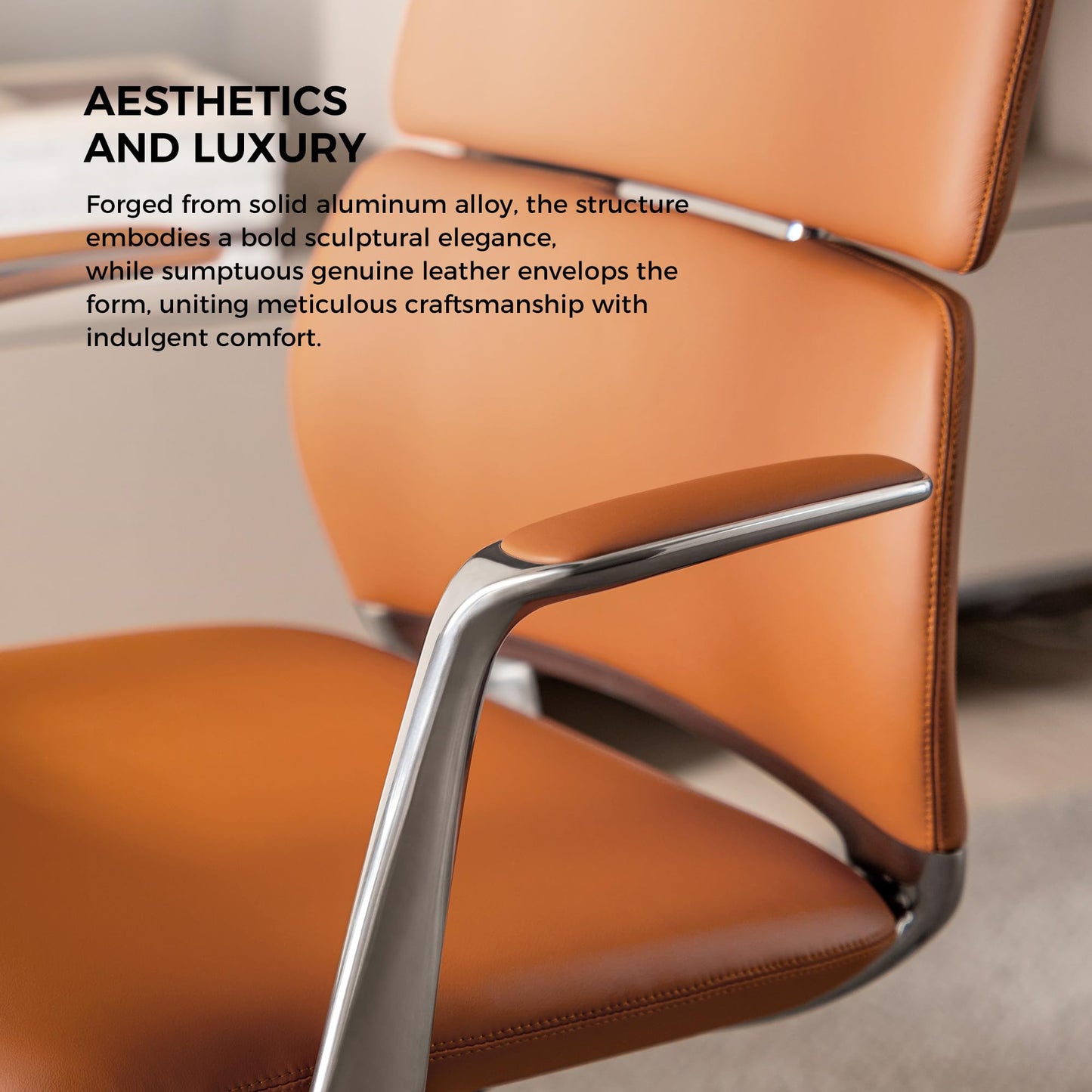 TOMU Genuine Leather Office Desk Chair with Wheels, Ergonomic Leather Executive Chair, Mid Back, Swivel Base with Adjustable Tilt, Modern Style, Luxury Aluminum Frame (Orange)