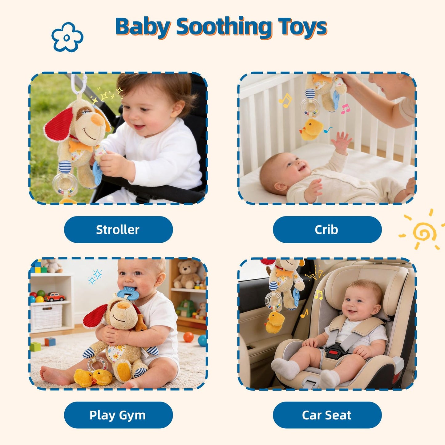 Baby Car Seat Toys for Roadtrip, Hanging Sensory Toys 0 6 12 Months with Teether, Crinkle Paper, Rattles & Squeaker, Montessori Travel Plush Toy for Newborn Infant Boys Girls Gift