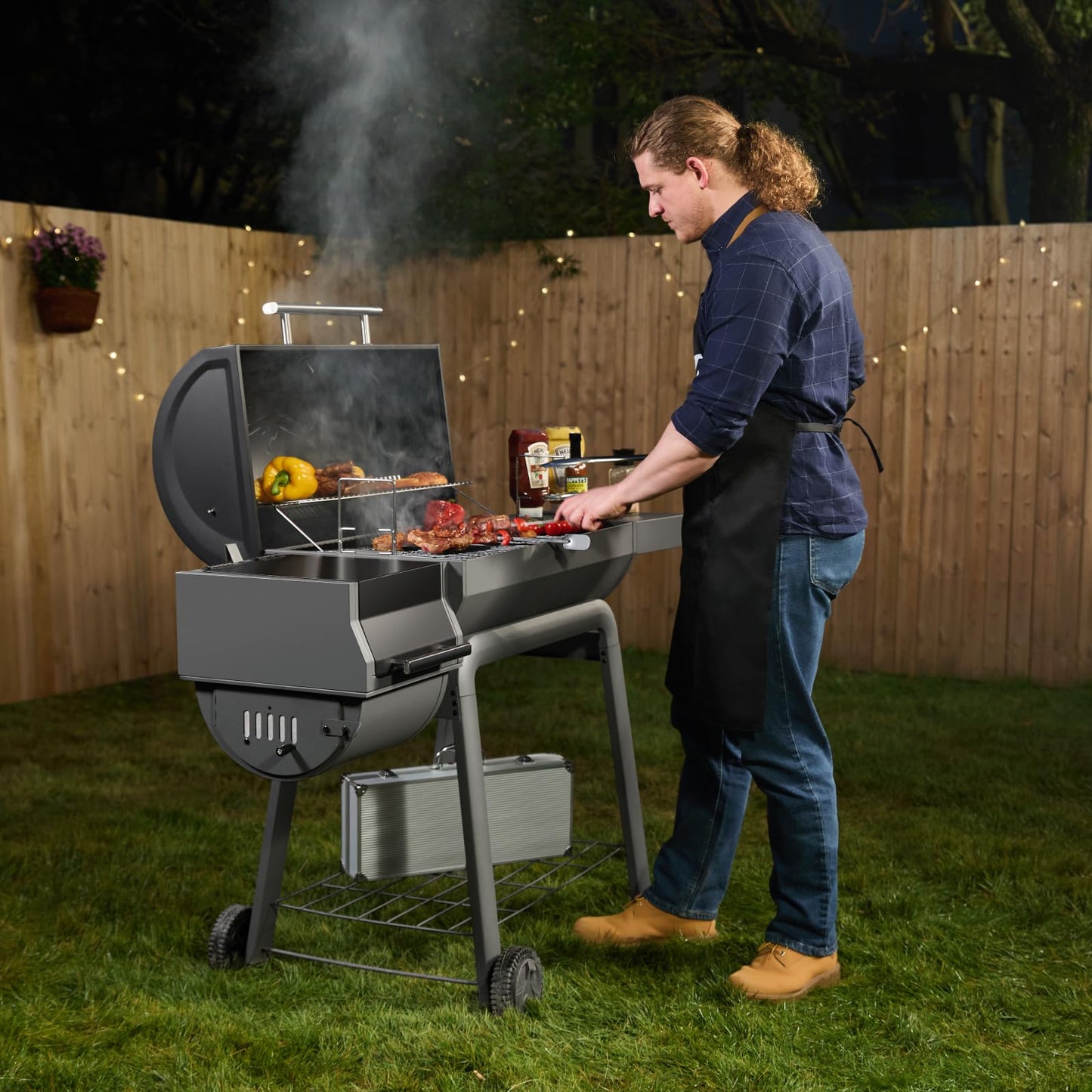 Feasto BBQ Charcoal Grill with Offset Smoker Grill and Side Table, 30-In Heavy-Duty Outdoor BBQ Grill with 832 Sq. In. Cooking Space for Outdoor Barbecue in Backyard, Patio and Parties, Black