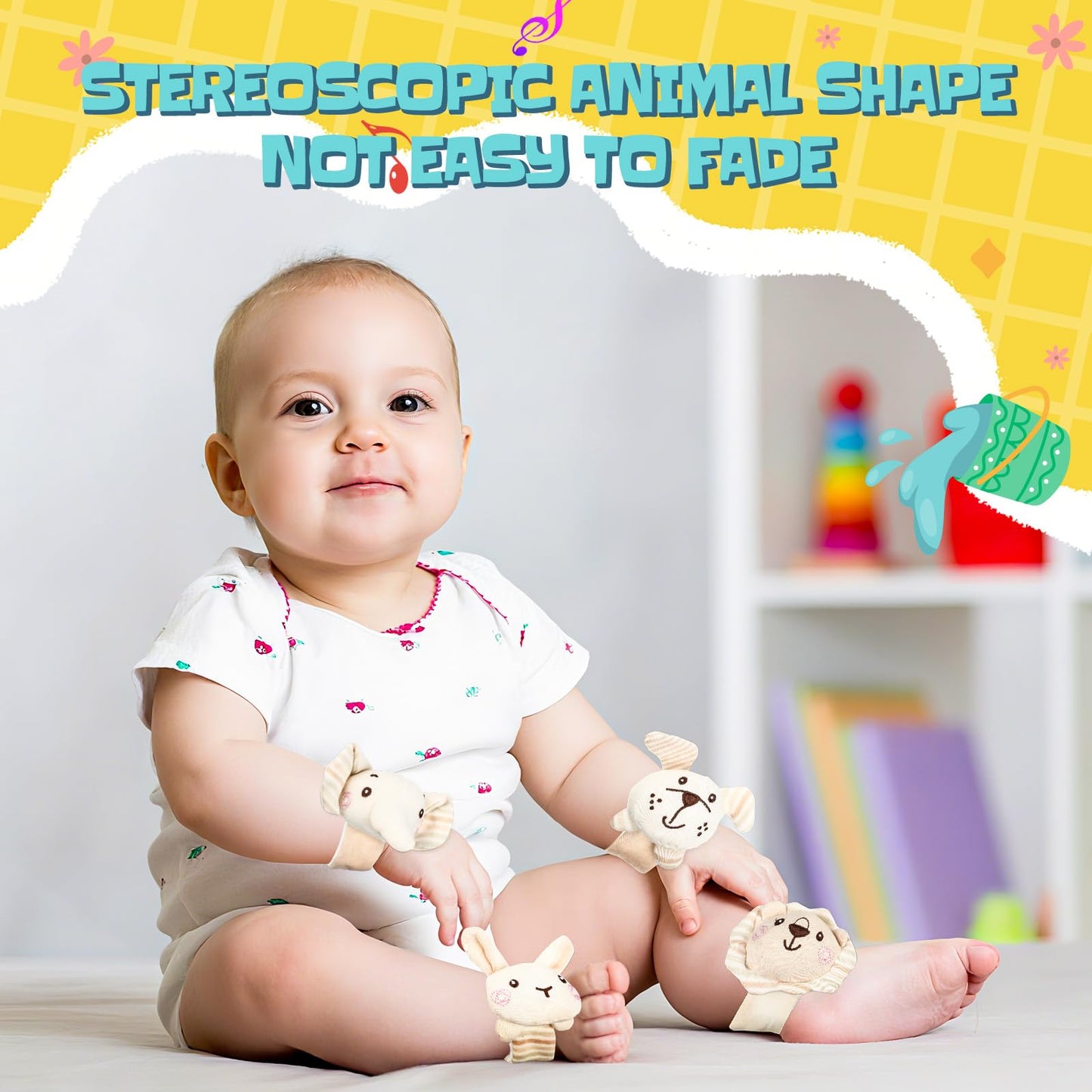 Wovnet 4 Pieces Baby Wrist Rattles Animal Pattern Newborn Rattle Foot Rattles Toy for Babies Boy Girl Infant Birthday Gifts Educational Toys, 4 Designs (Rabbit Dog Lion Elephant)