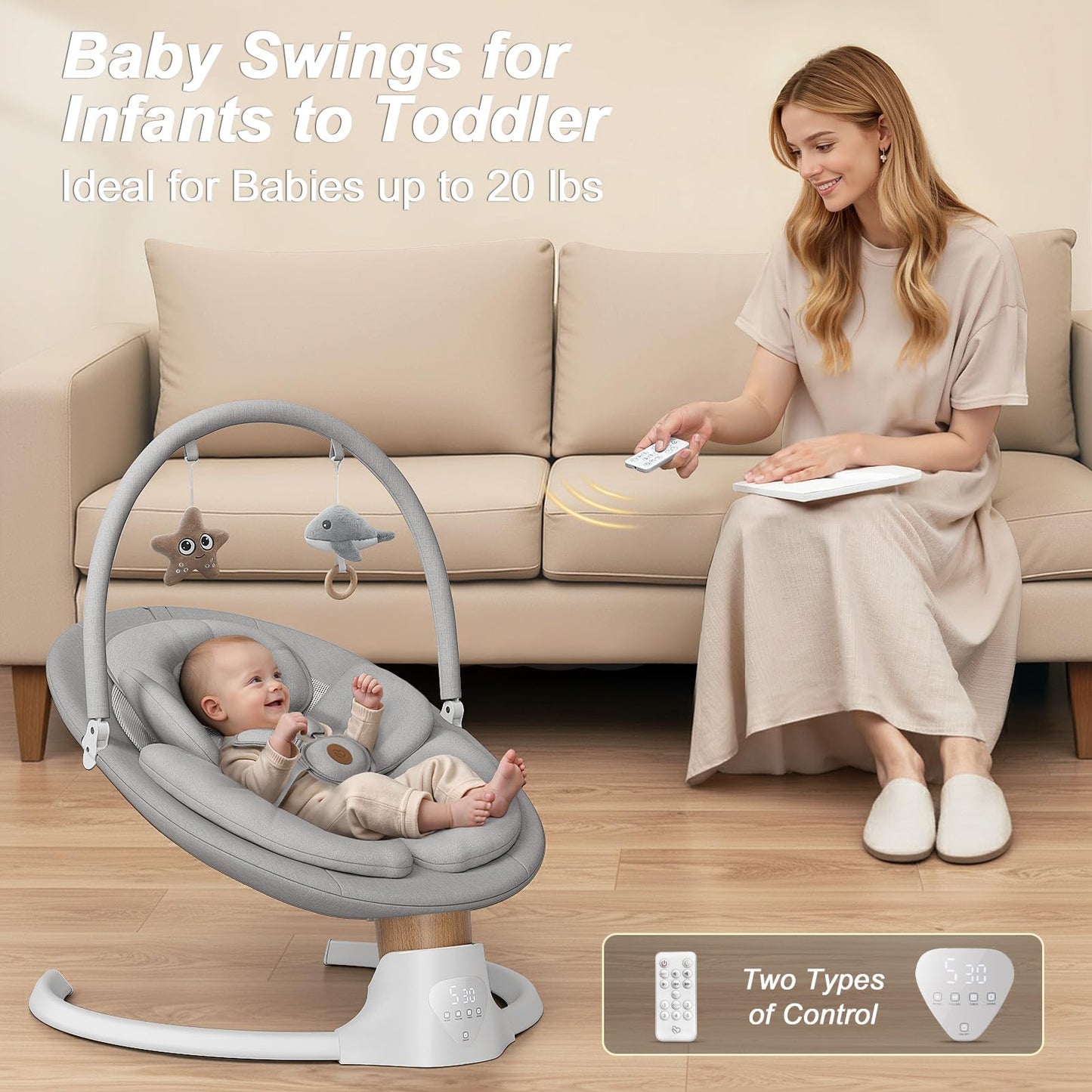 Baby Swings for Infants, FasonBaby Electric Baby Swing with Music Speaker, 5 Speeds, Remote Control and Bluetooth - Portable Infant Swing for Indoor and Outdoor (Gray)